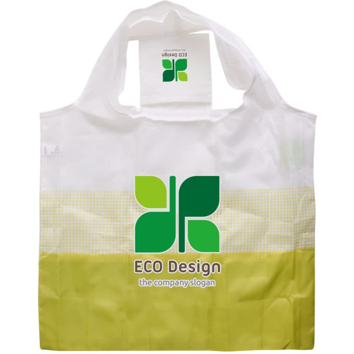 A foldable shopping bag in white and green with a logo, featuring a yellow base. Suitable for eco-friendly use.