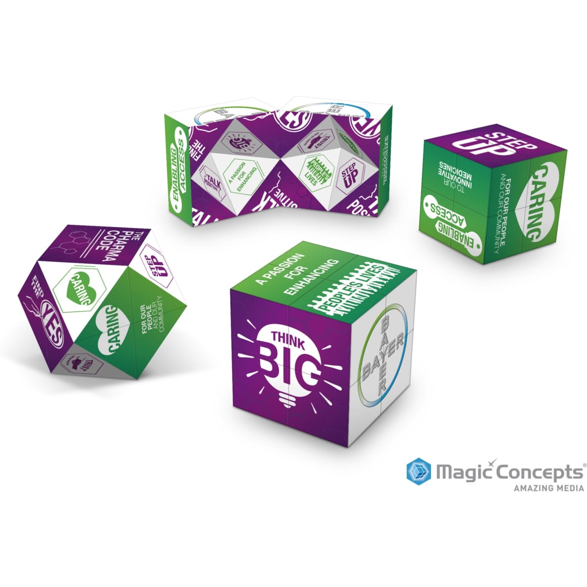 Four colourful cubes with various designs, featuring predominantly green, purple, and white themes, and a logo.