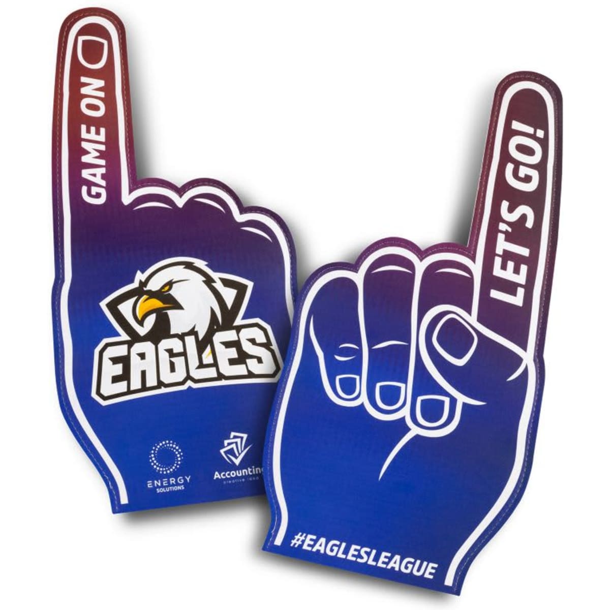 A foam hand in purple and blue featuring an eagle logo and text, shaped to resemble a raised hand for support.