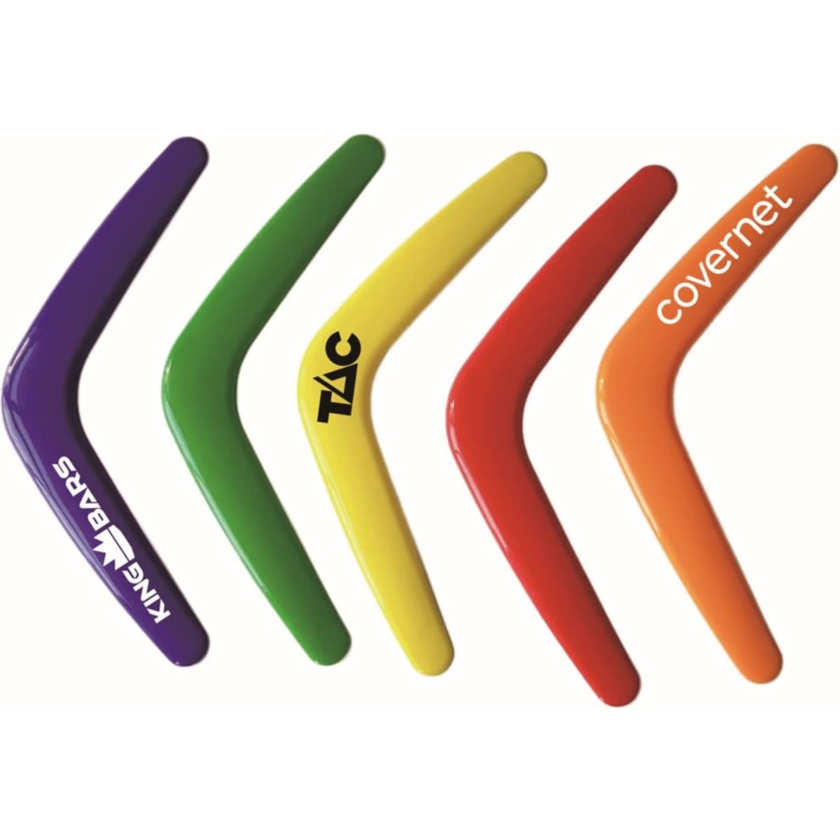 Five colourful boomerangs in purple, green, yellow, red, and orange, featuring various logos.