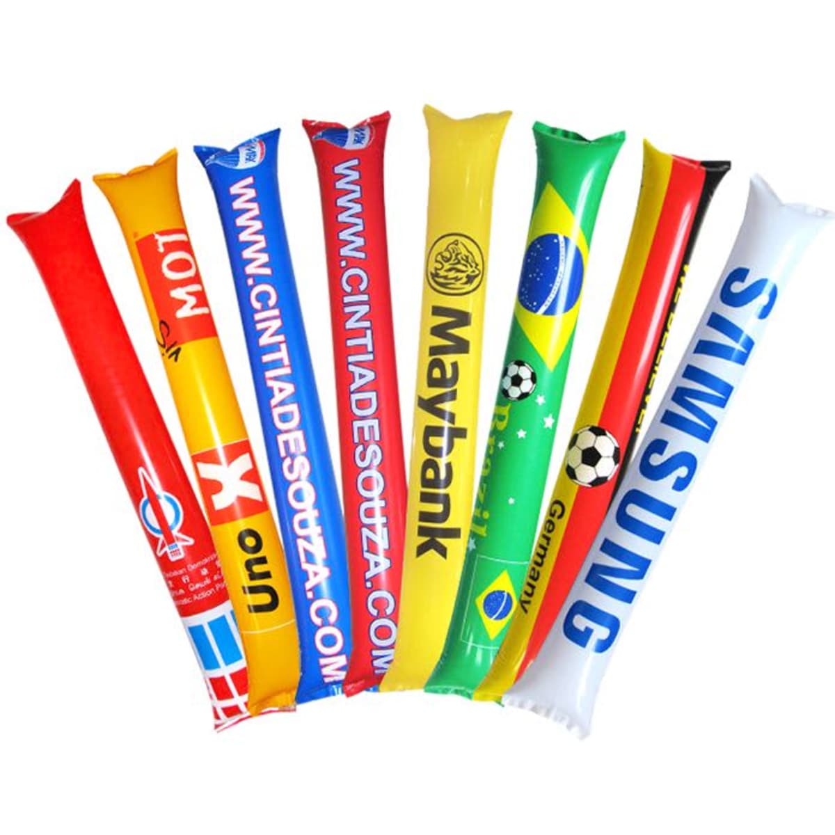 A set of colourful inflatable bang sticks in red, yellow, blue, and white, featuring various logos and designs.