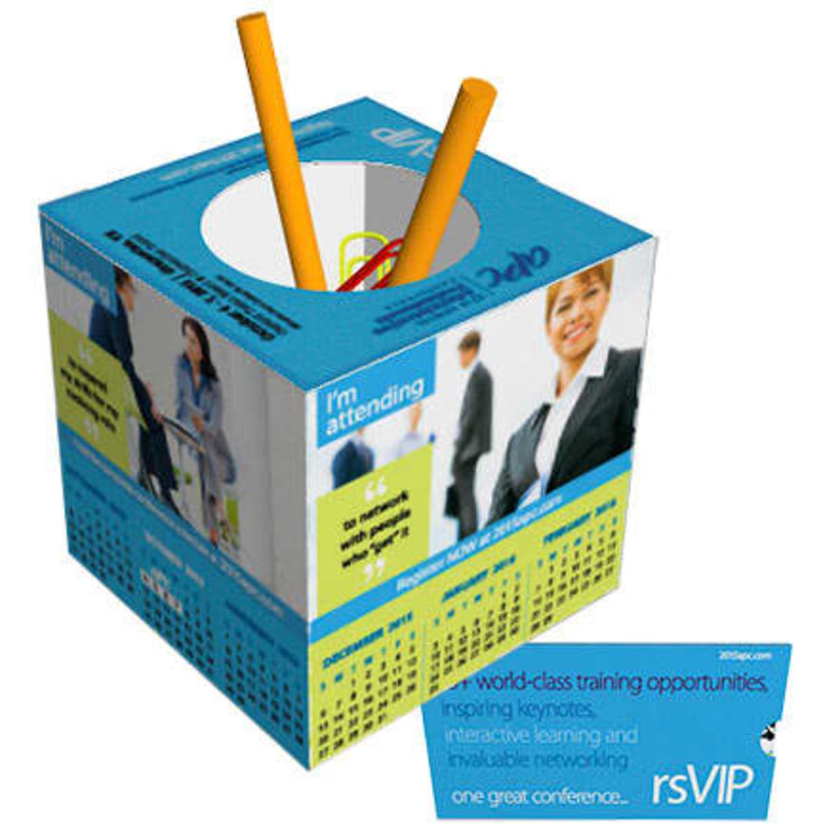 A blue and yellow cube pen holder with pencils, featuring branding and calendar designs on its sides.