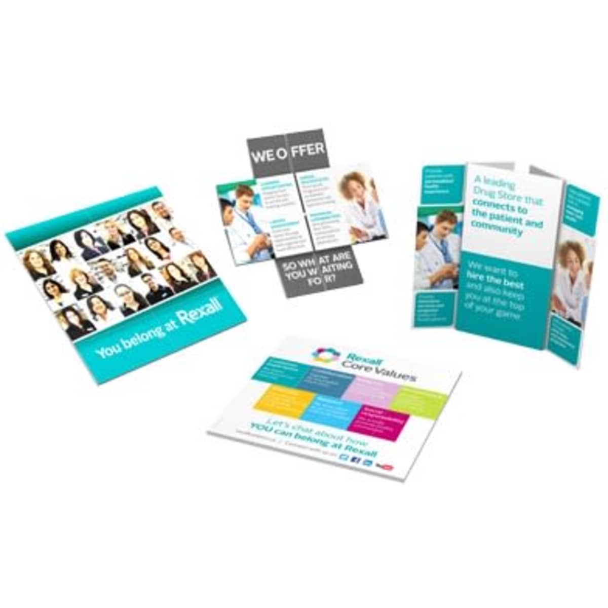 A collection of informational brochures in various colours featuring images of people and a logo, highlighting services and values.