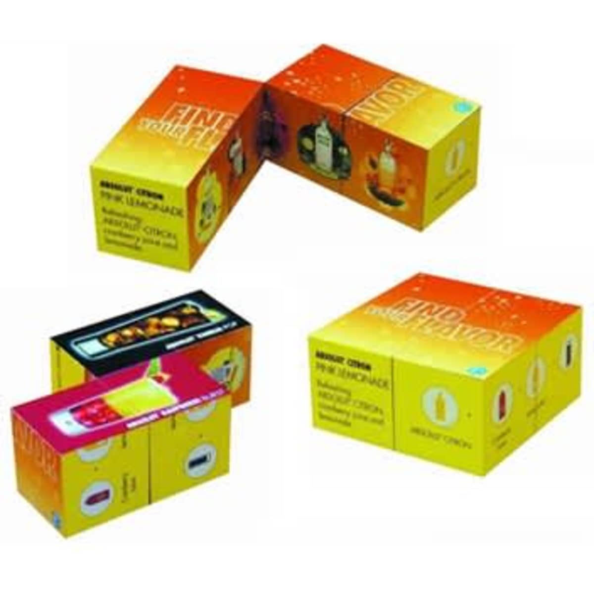 A collection of brightly coloured boxes featuring the "Magic Block" product, each with different flavours and a logo.