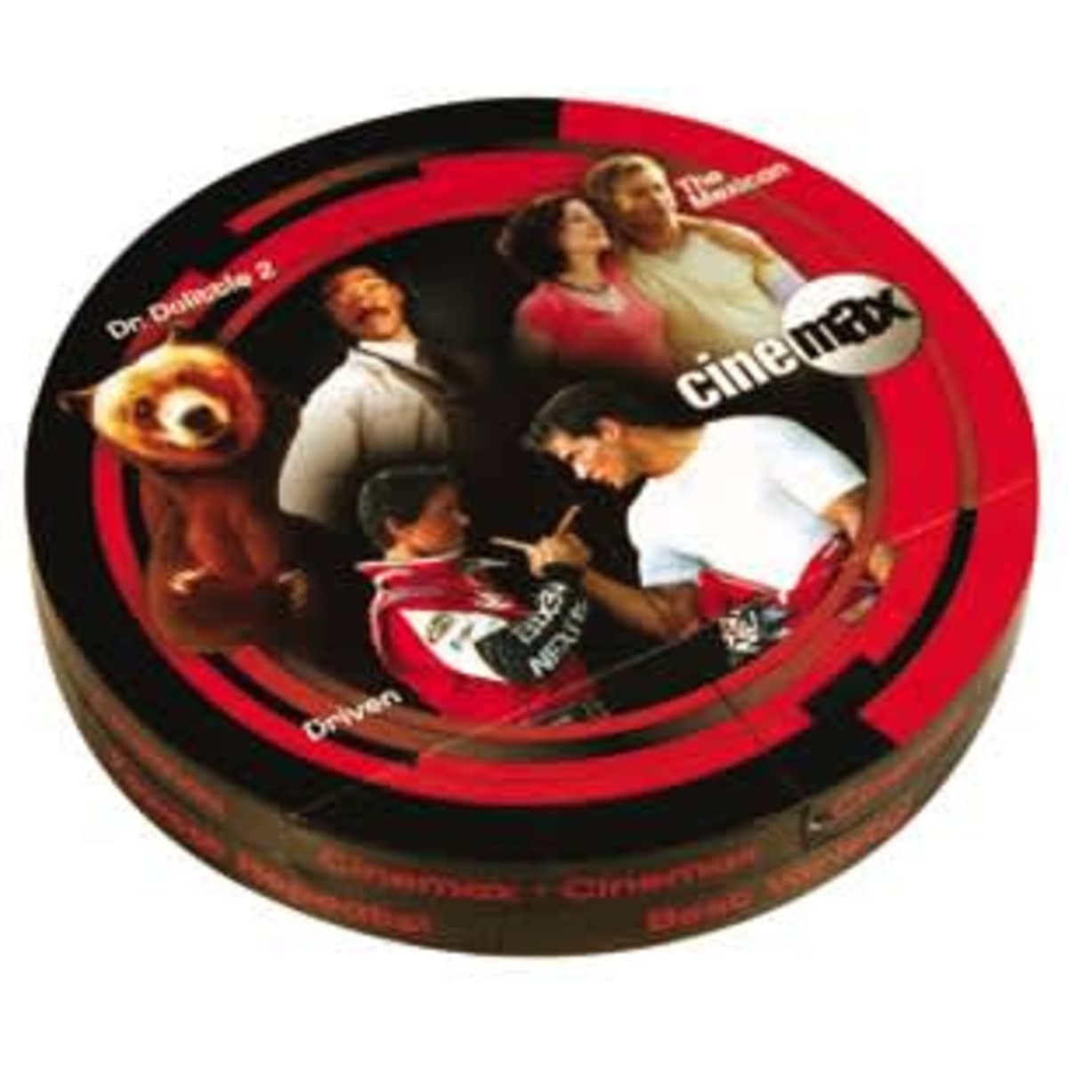 A round, black and red box featuring various characters and images, with a logo on the top.