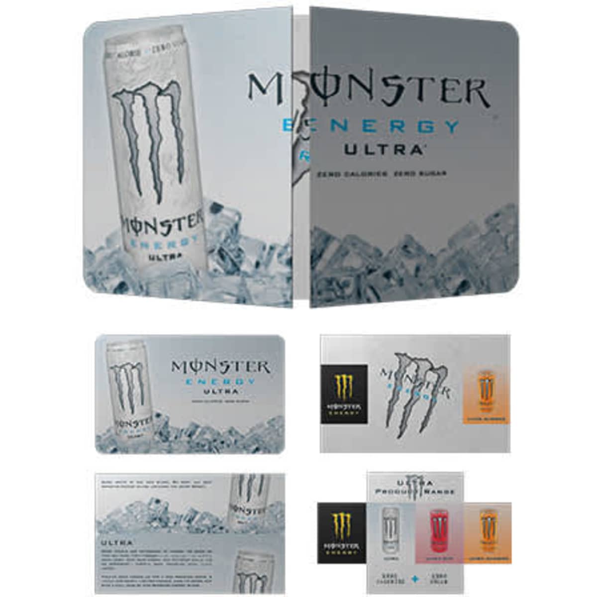 A promotional display featuring various Monster Energy drinks in cans, with ice and a logo present.