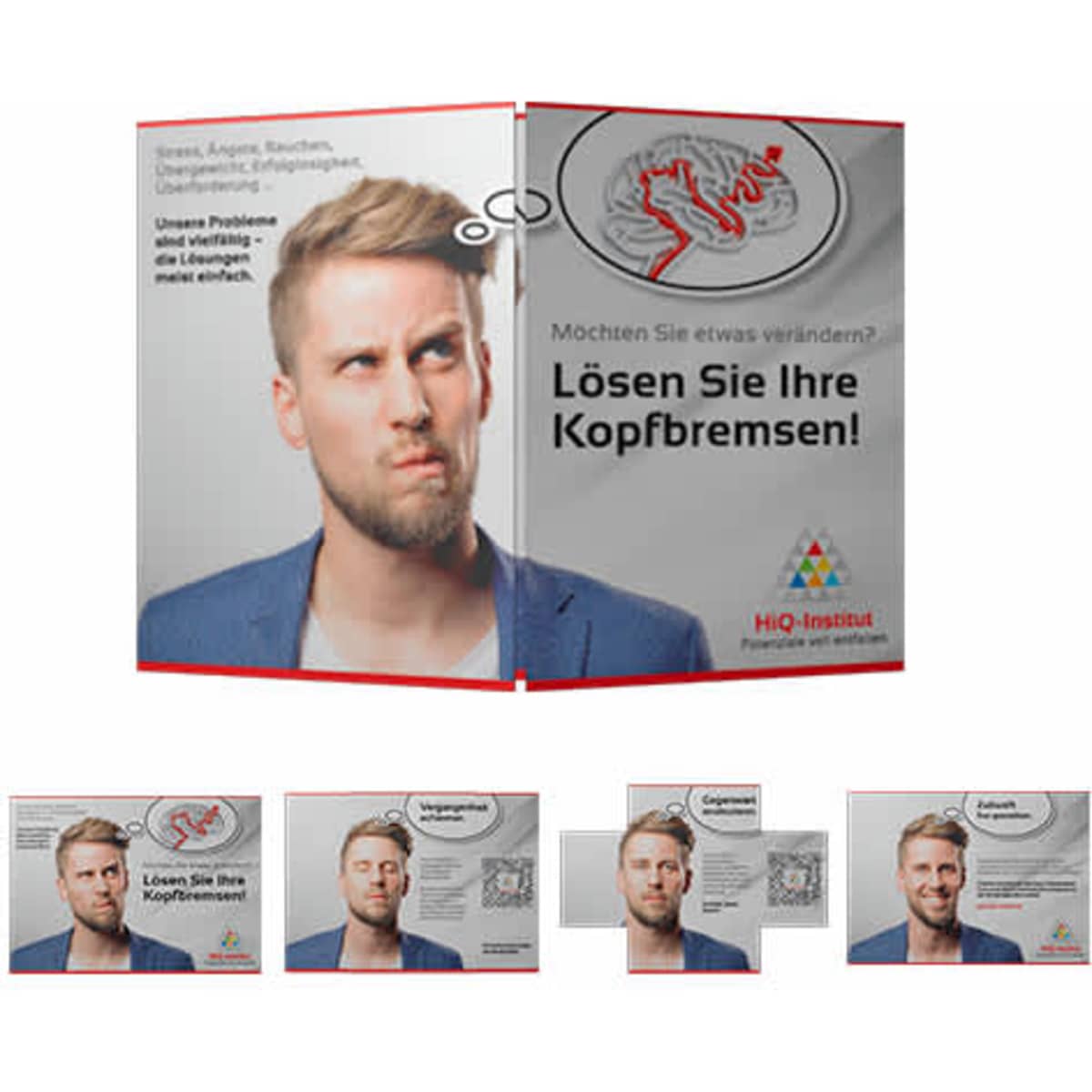 A brochure featuring a man with a serious expression and text about personal change, with a logo present.