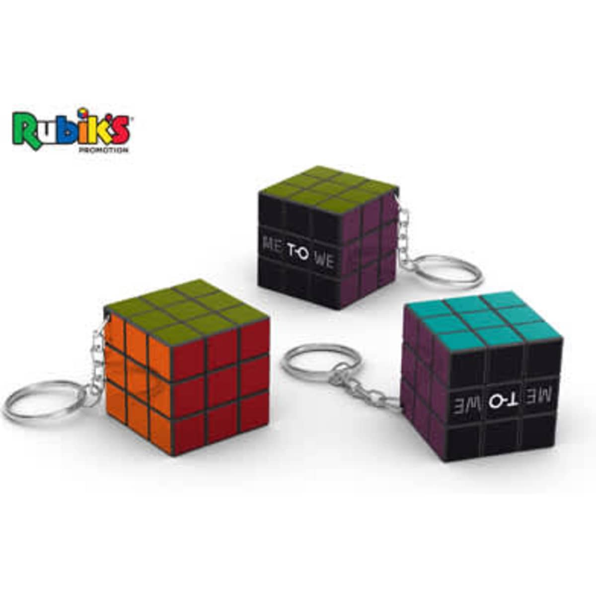 A 3x3 Rubik's Cube keychain in various colours, featuring branding, attached to a metal keyring.