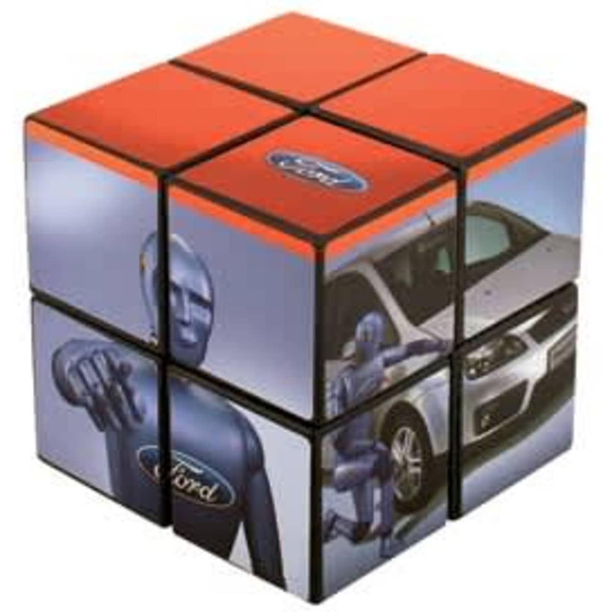 A Rubik's Cube featuring a predominantly orange design with automotive graphics and branding. It has six sides with various images.