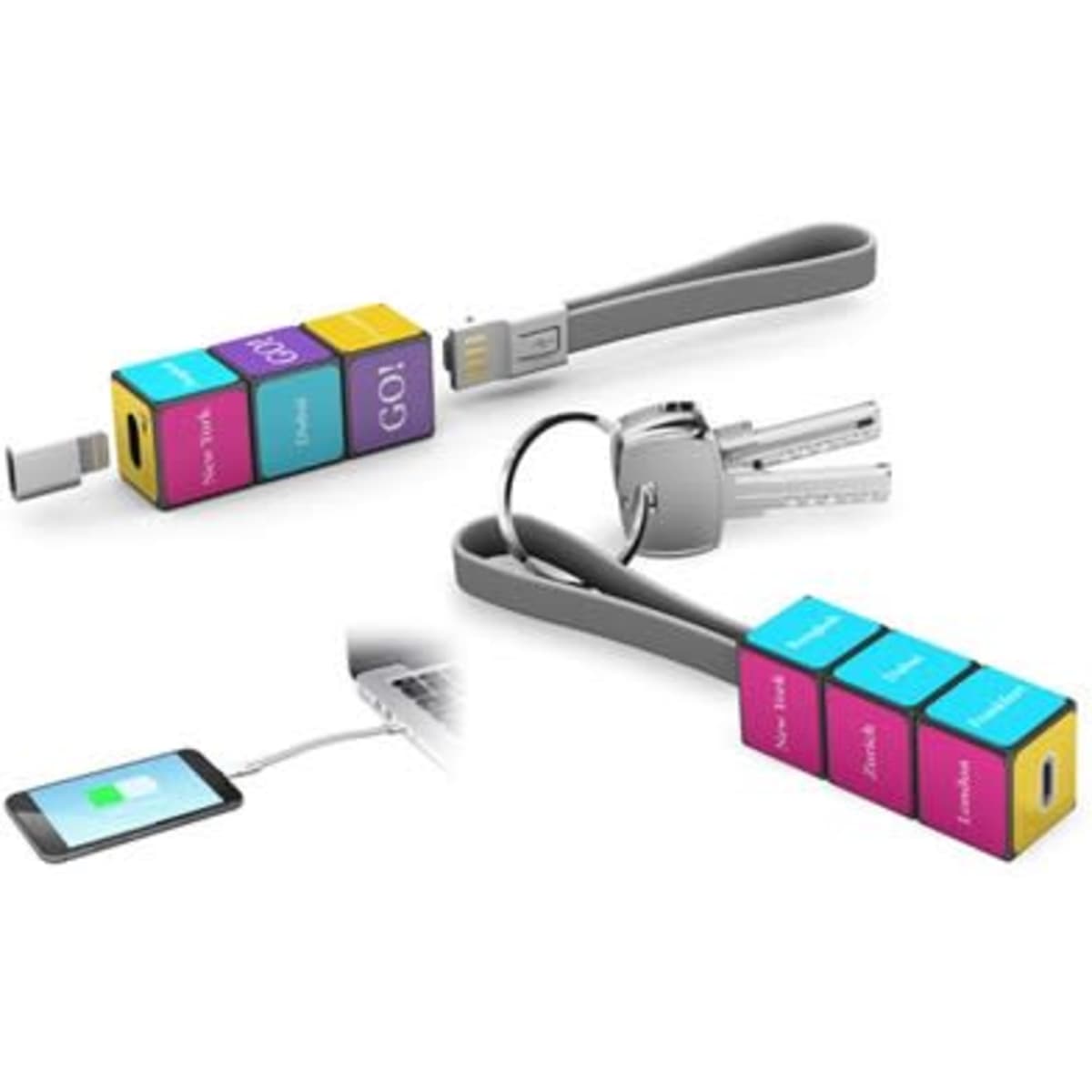 A multi-coloured Rubik's-themed mobile charging cable set with USB and lightning connectors, attached to a keyring.