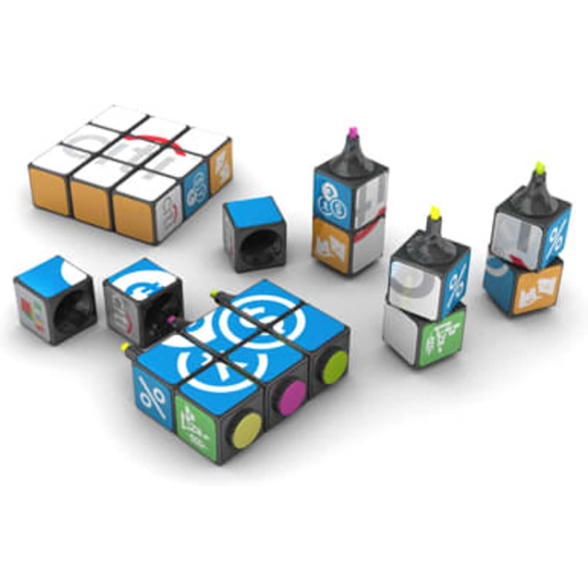 A set of highlighters in various colours shaped like Rubik's cubes, featuring multiple designs and a branding logo.