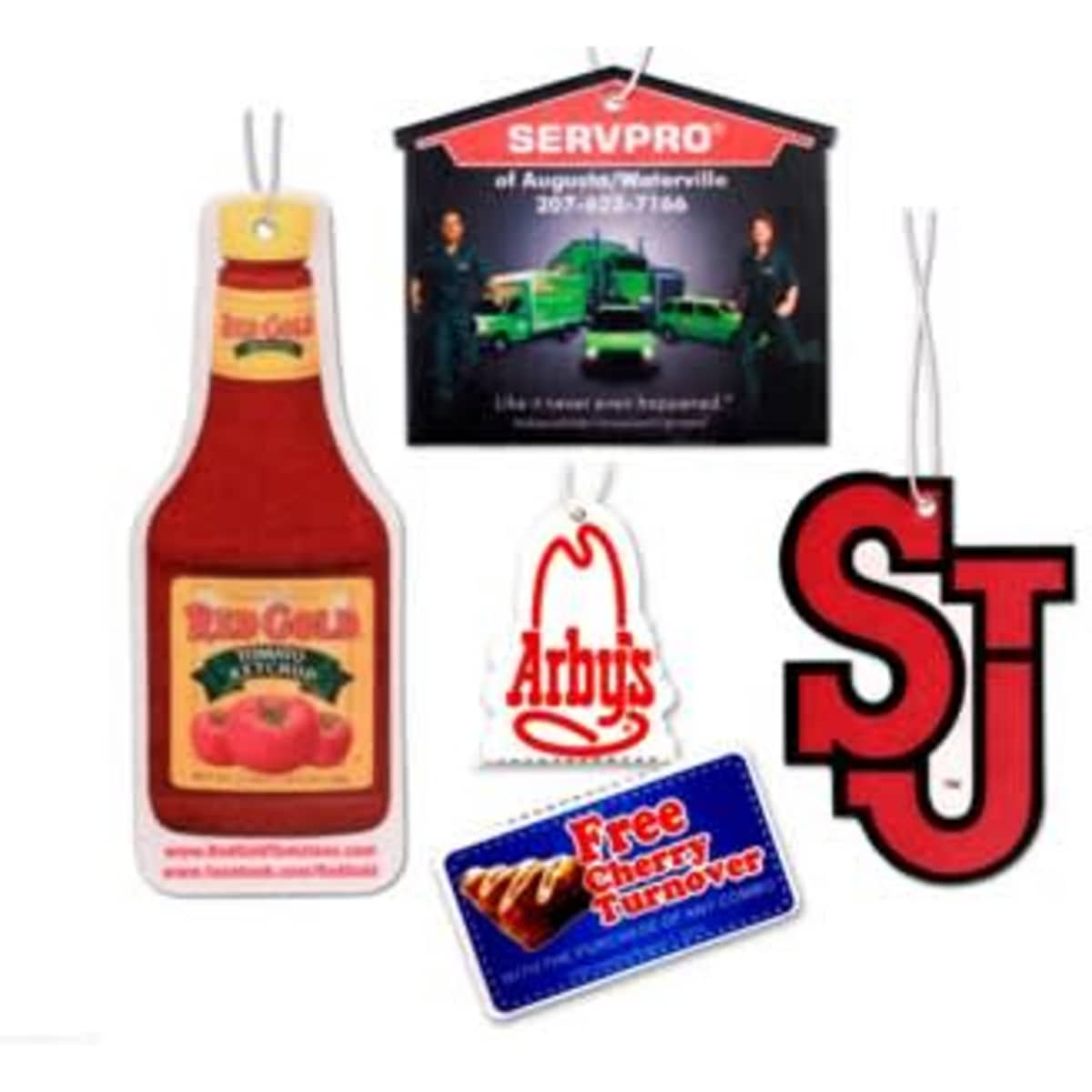A collection of air fresheners in various shapes, including a ketchup bottle, a logo, and promotional tags in red and white.