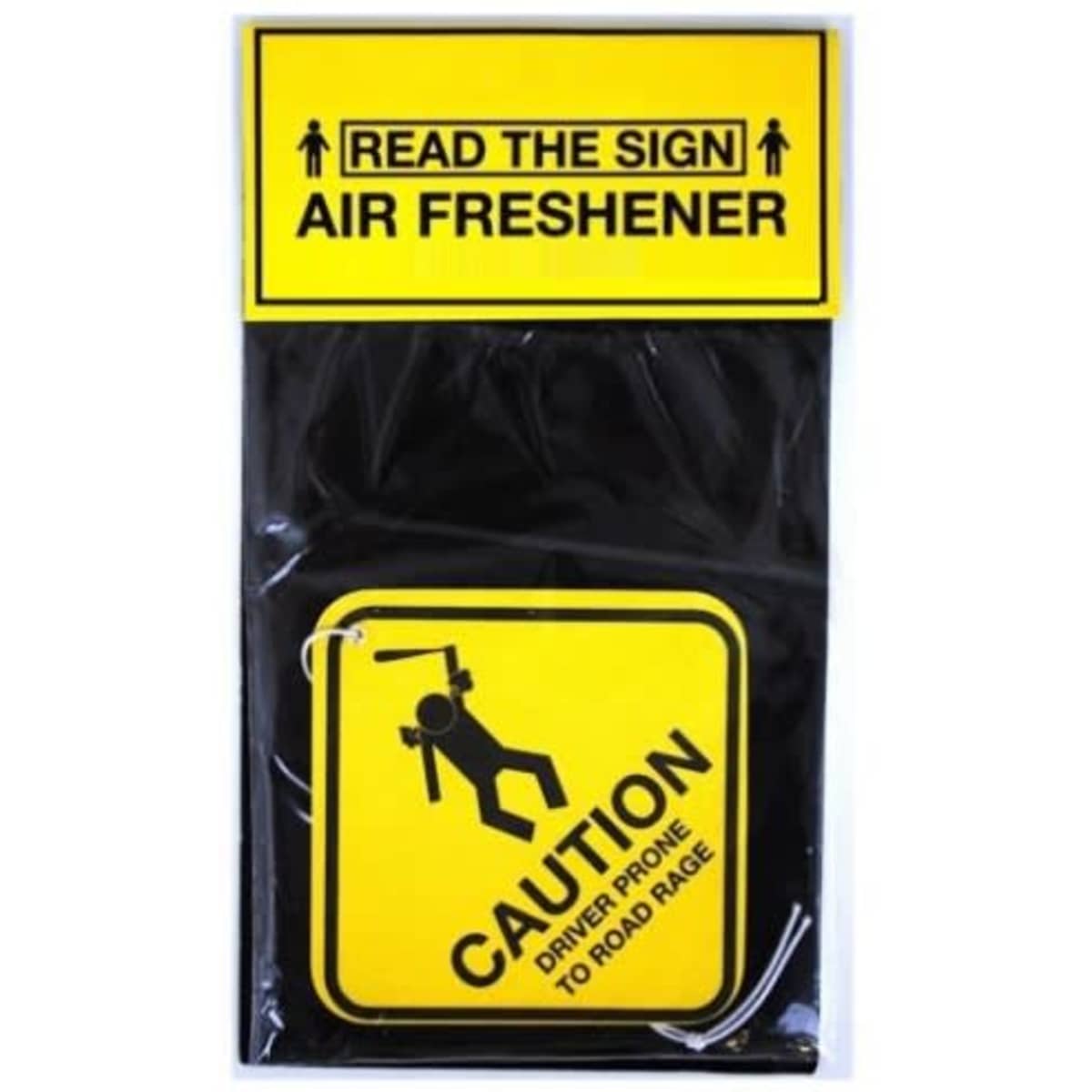 A black air freshener in a transparent packaging with a yellow header card and caution sign design.