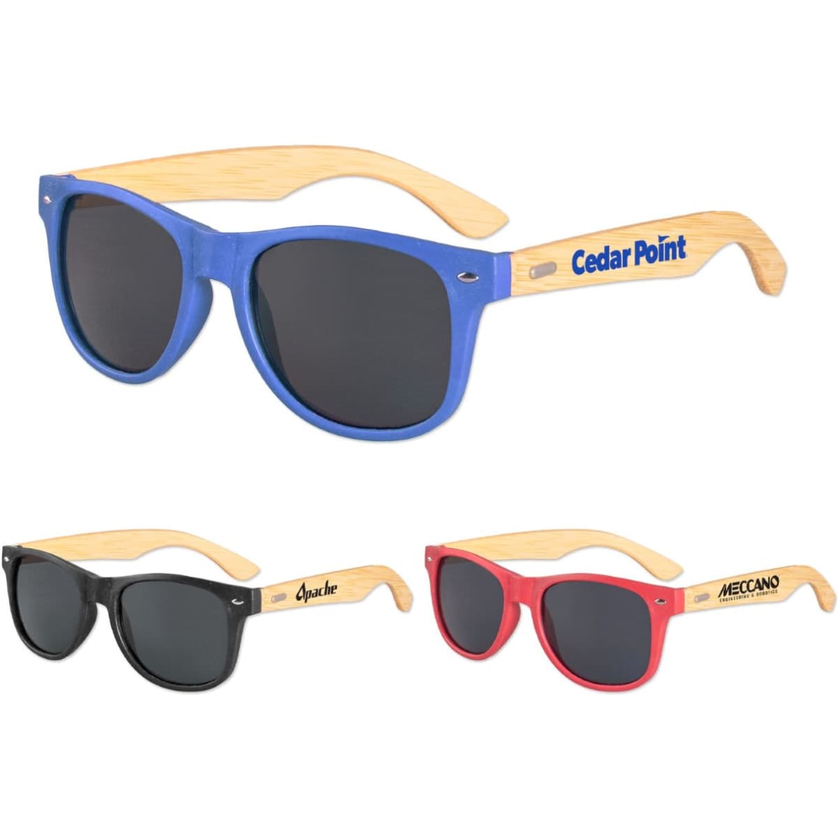 Fashion sunglasses with blue, black, and red frames, featuring bamboo arms and a logo on some models.