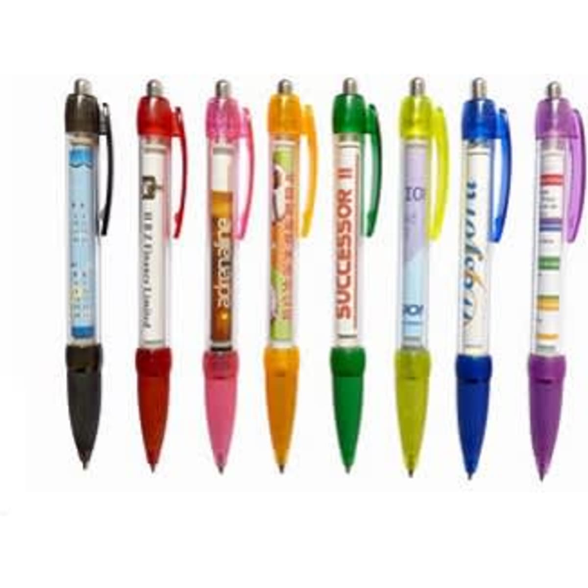 A collection of plastic pens in various colours, featuring clear barrels showcasing internal designs and a logo.
