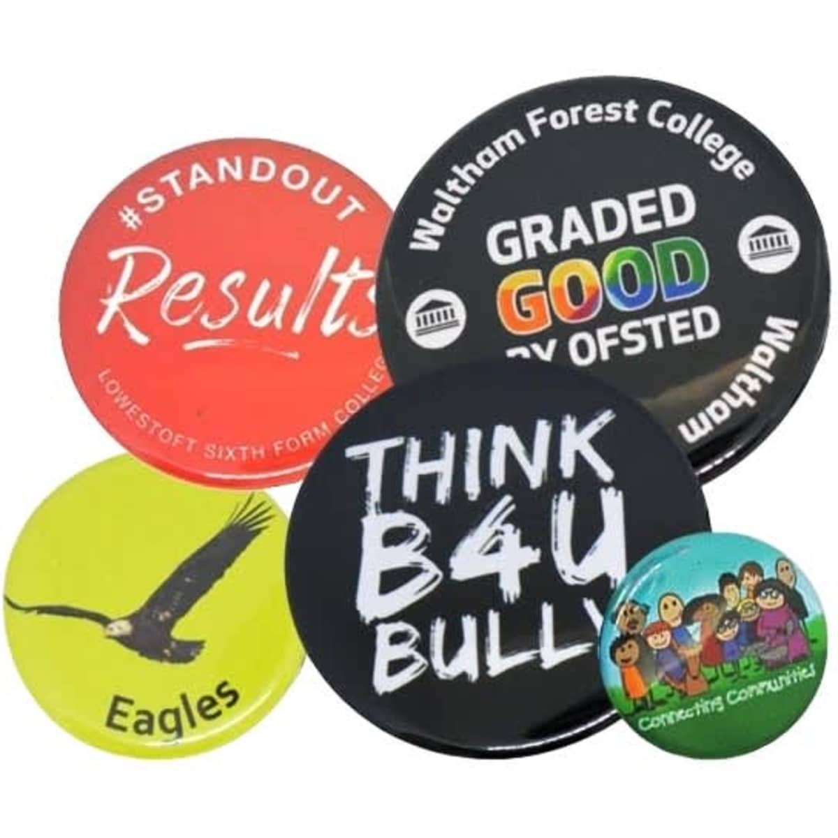 A collection of five button badges in various colours, featuring different designs and a logo on one badge.