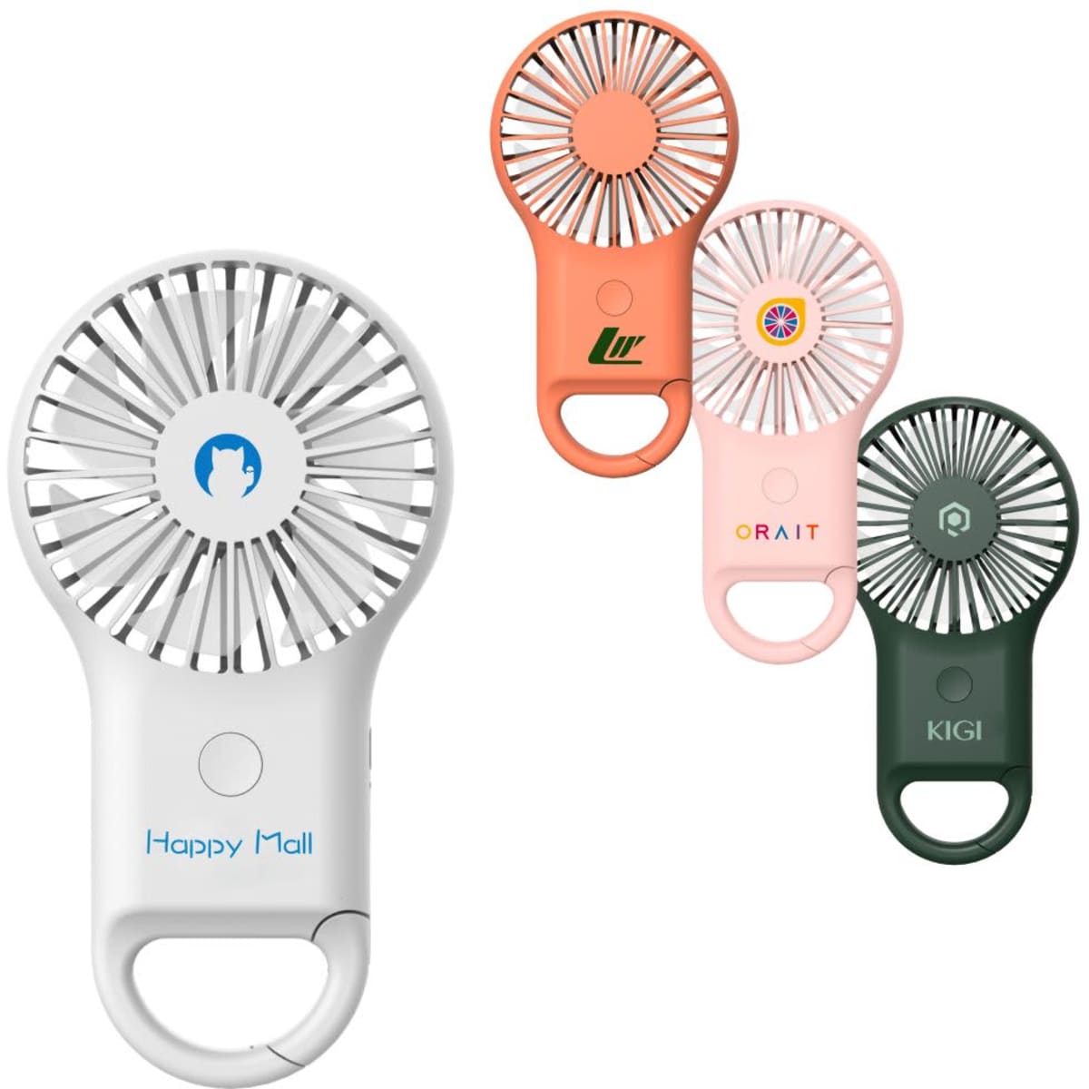 A collection of four mini fans with LED lights in white, peach, pink, and dark green, featuring various logos.