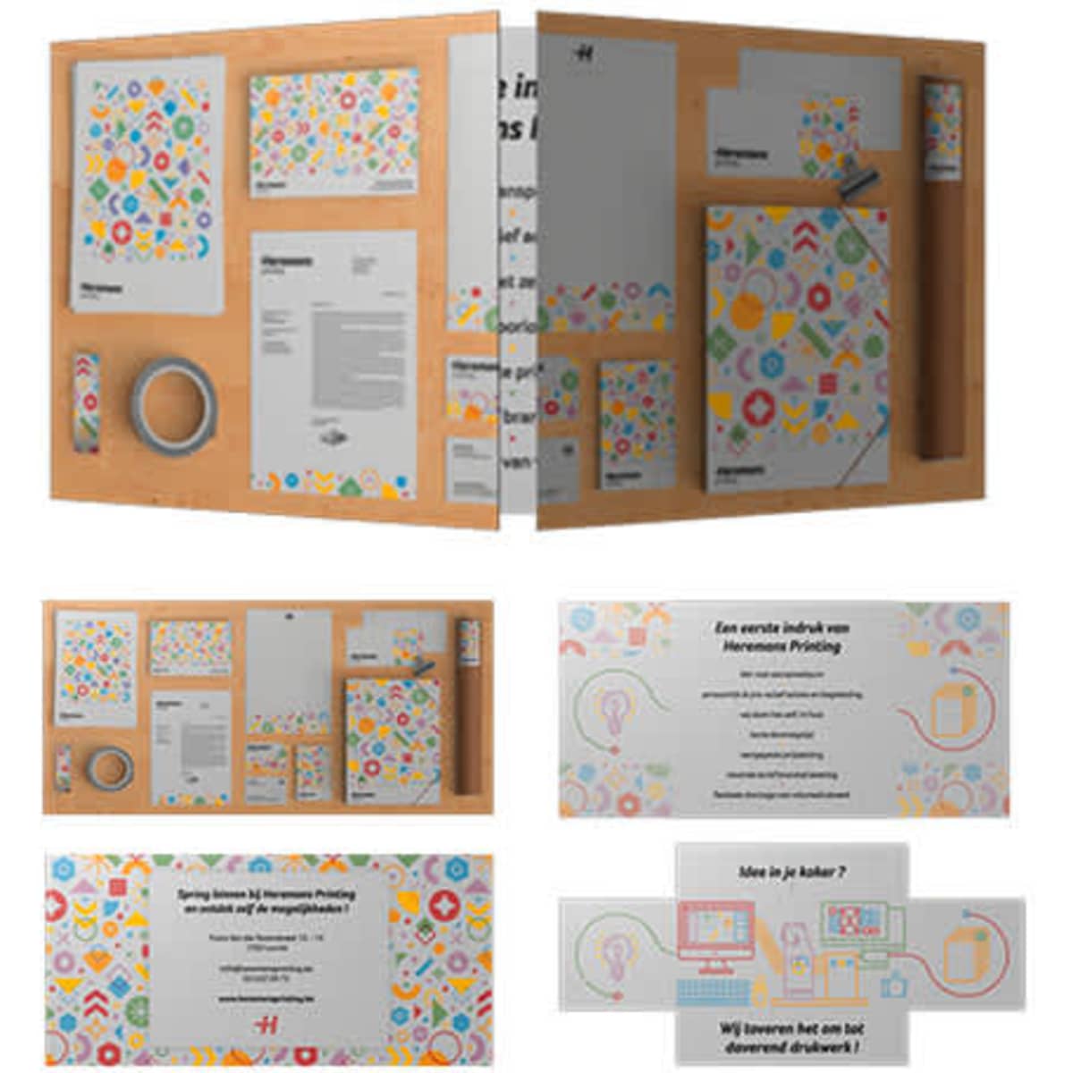 A collection of stationery items on a wooden board, featuring colourful patterns and various papers, including a binder and envelopes.