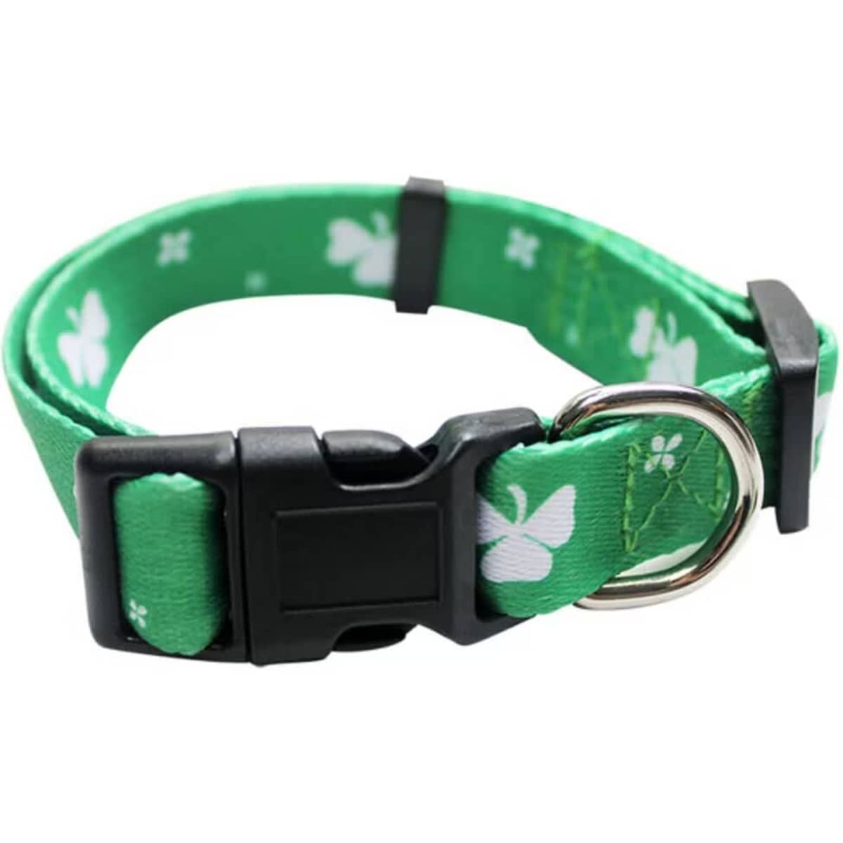 A green dog collar with a butterfly pattern and a black plastic buckle, featuring a metal D-ring for attachment.