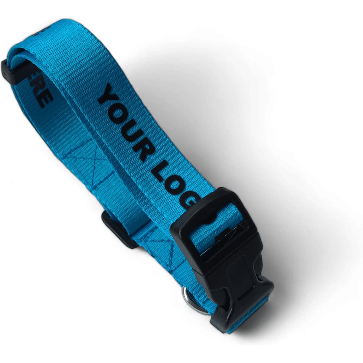 A dog collar in vibrant blue with a black buckle and a logo feature. The material appears durable and adjustable.