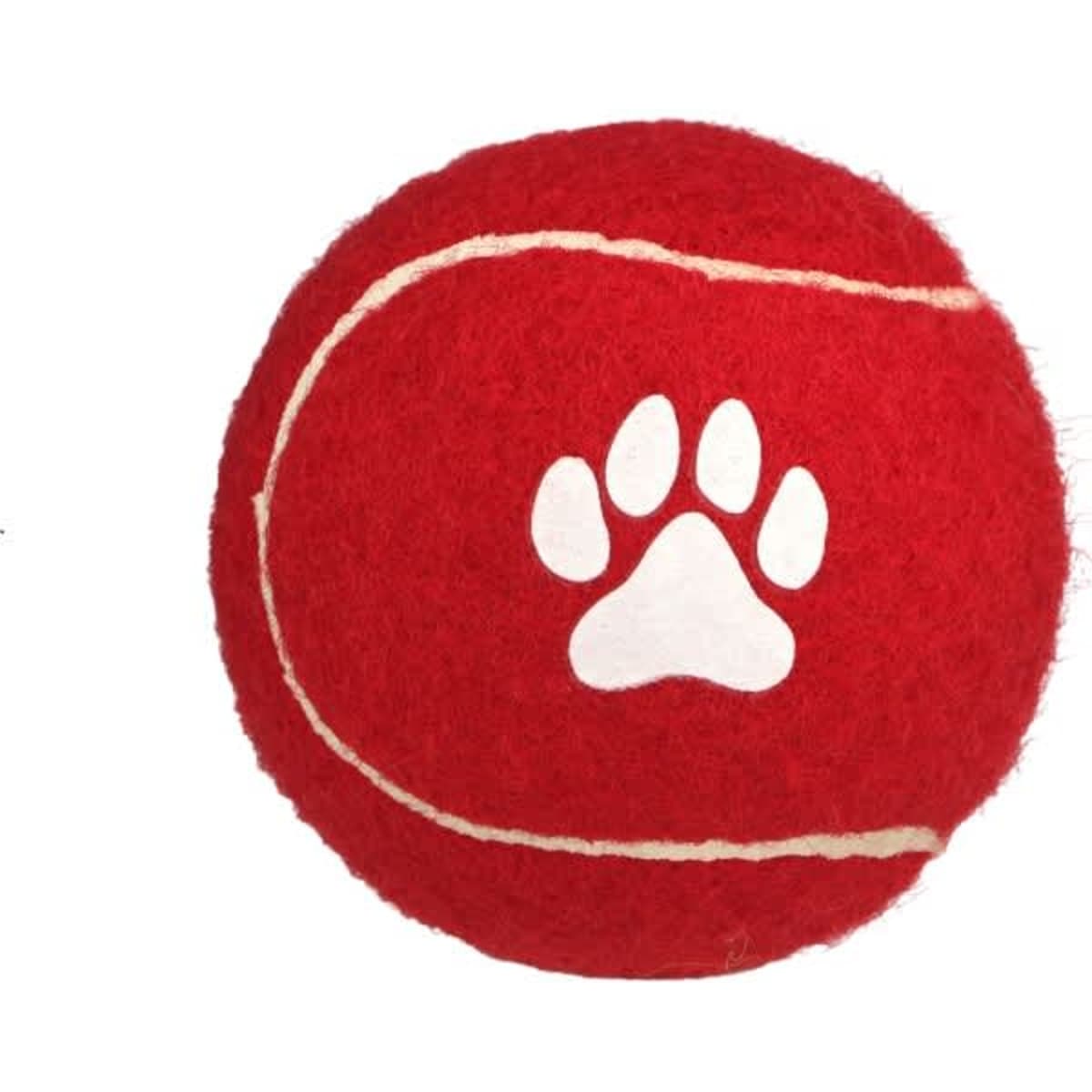 A red dog fetch ball with a white paw print and white stitching details. It features a round shape and soft texture.