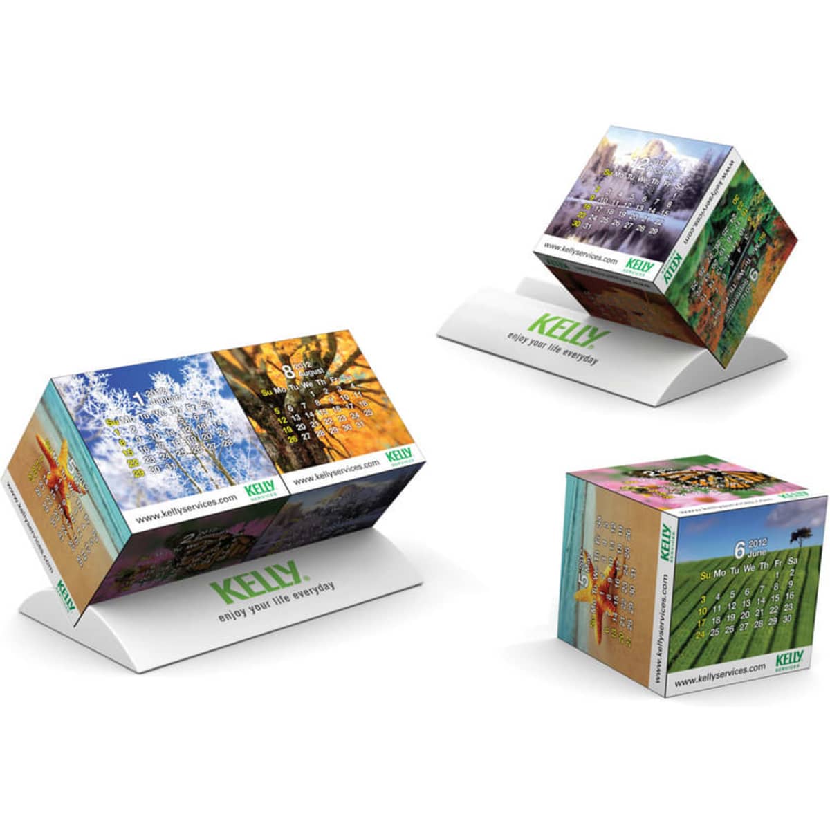 A promotional calendar featuring vibrant images and a stand, designed in multi-coloured graphics with a logo.