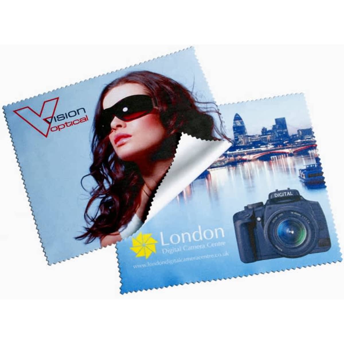A microfibre cleaning cloth, featuring a woman in sunglasses and a camera, with a logo. Predominantly blue background.