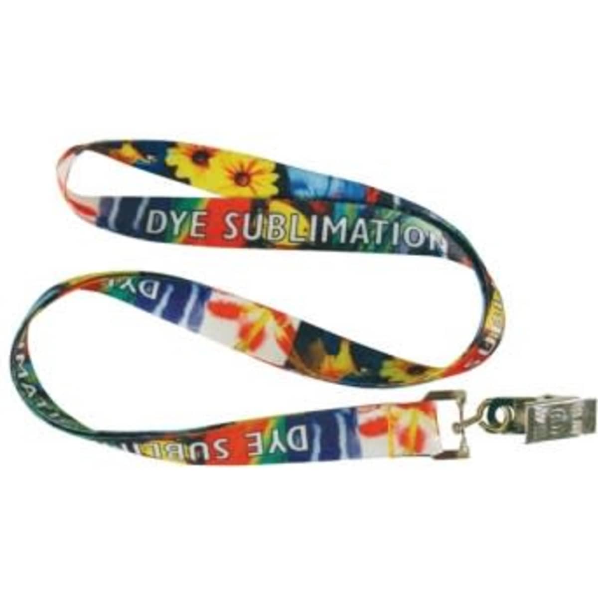 A colourful polyester lanyard featuring a floral design and a clip attachment, with sublimation print branding.