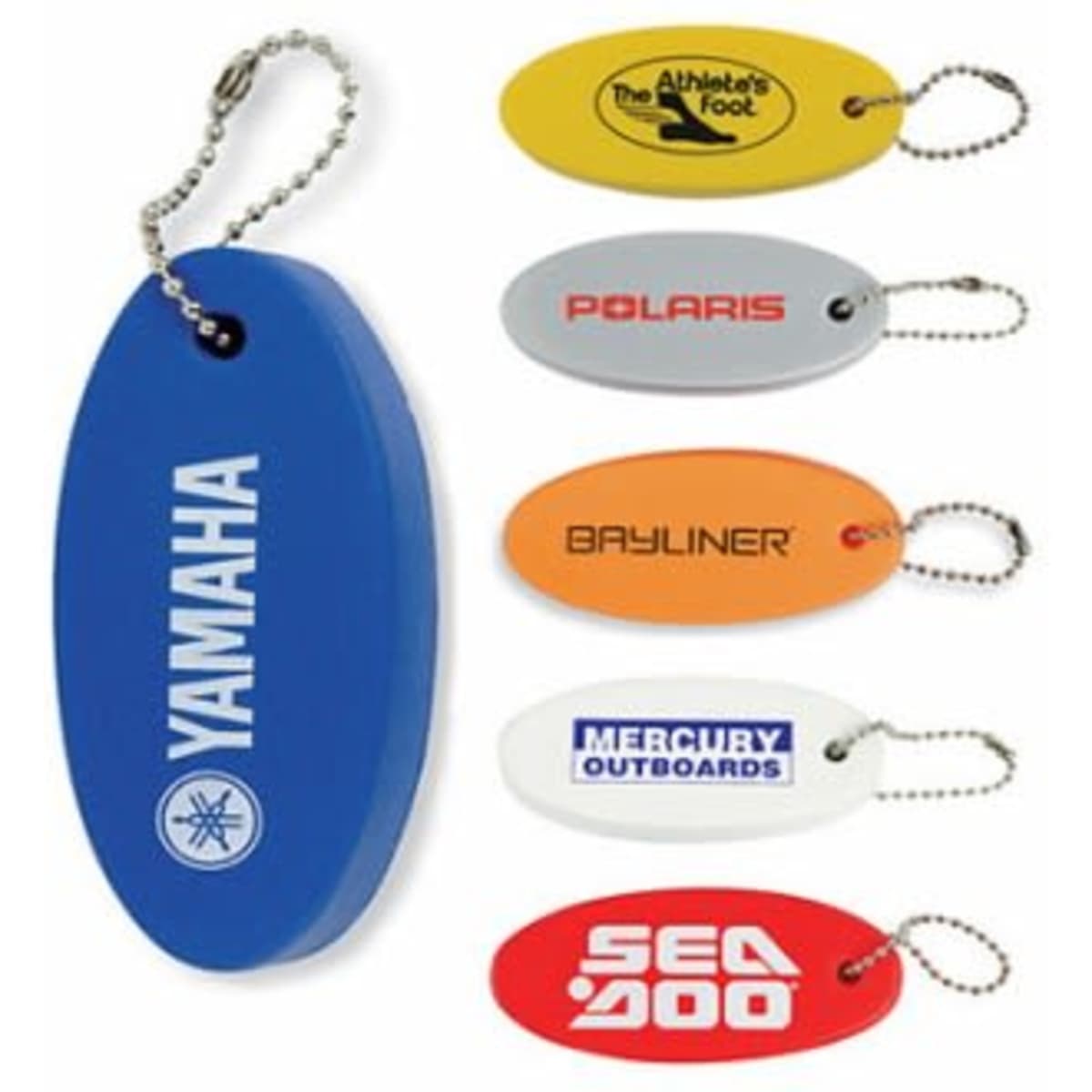 A collection of five oval keyrings in blue, yellow, white, grey, and red, featuring various logos and attachments.