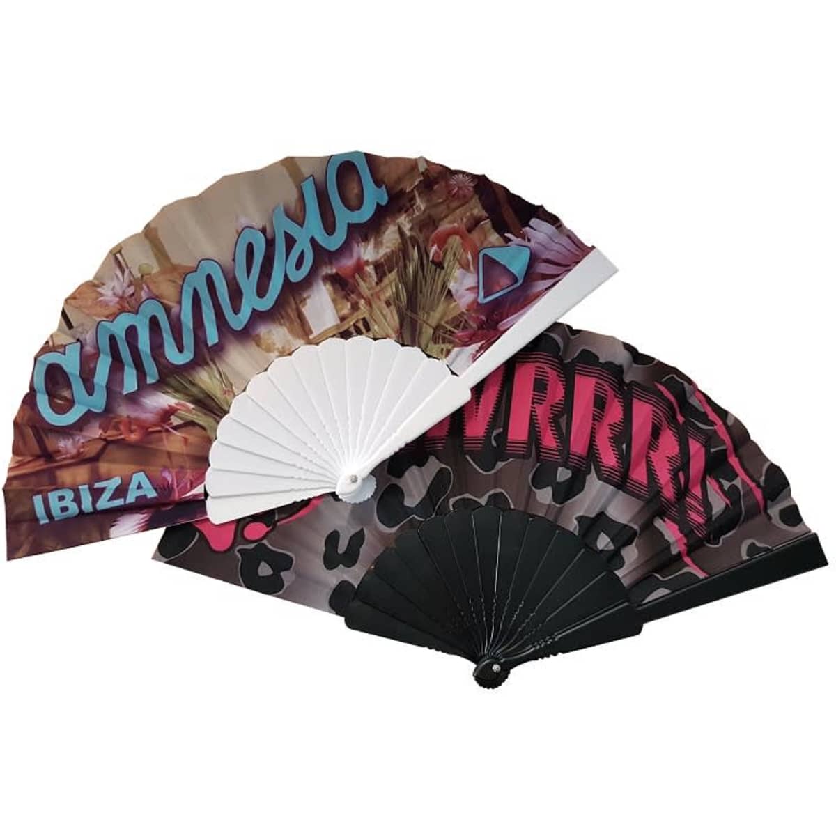 A selection of decorative folding fans featuring vibrant designs in pink, black, and multi-coloured patterns, with branding logos.