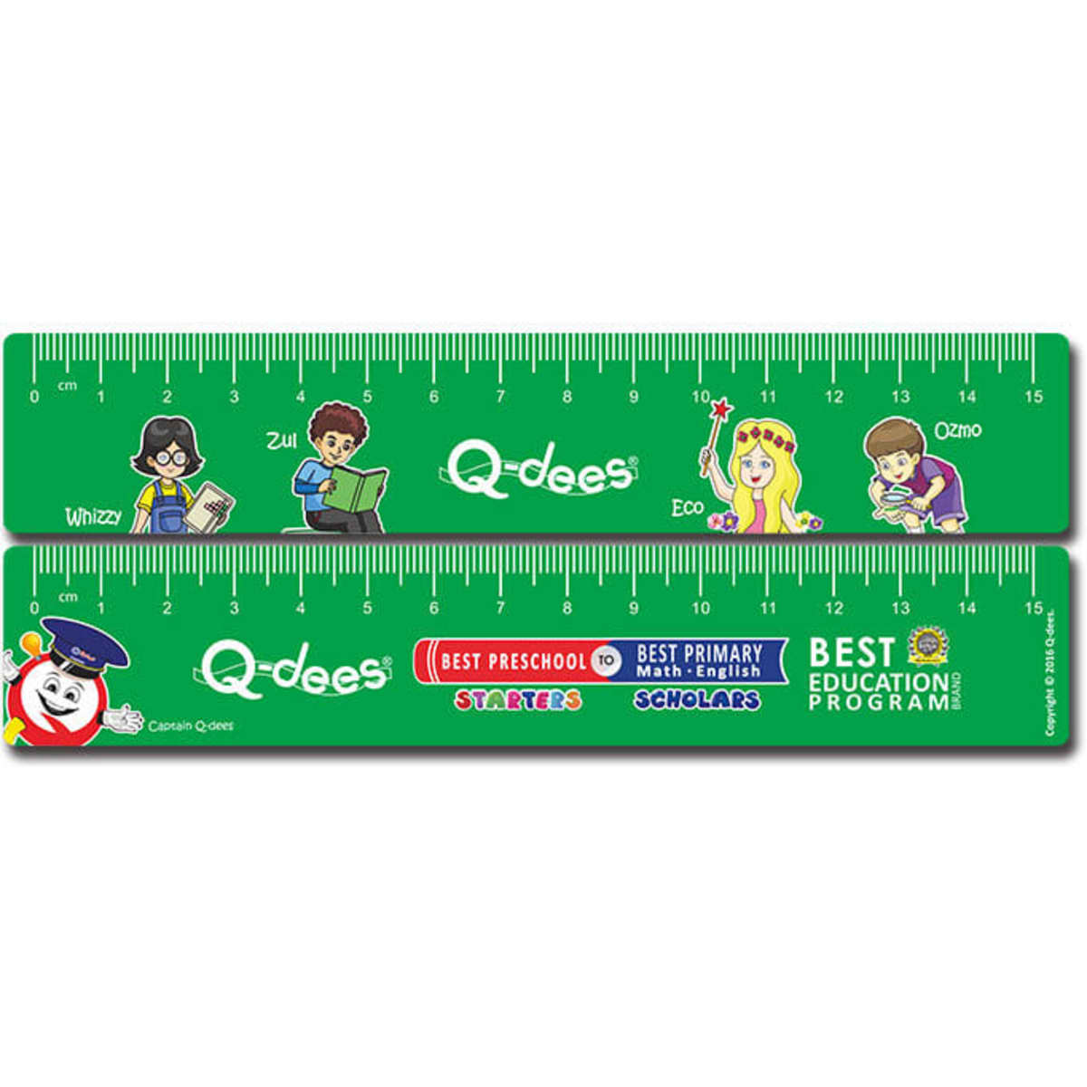A green Flexi Ruler featuring cartoon characters along its length and a logo.