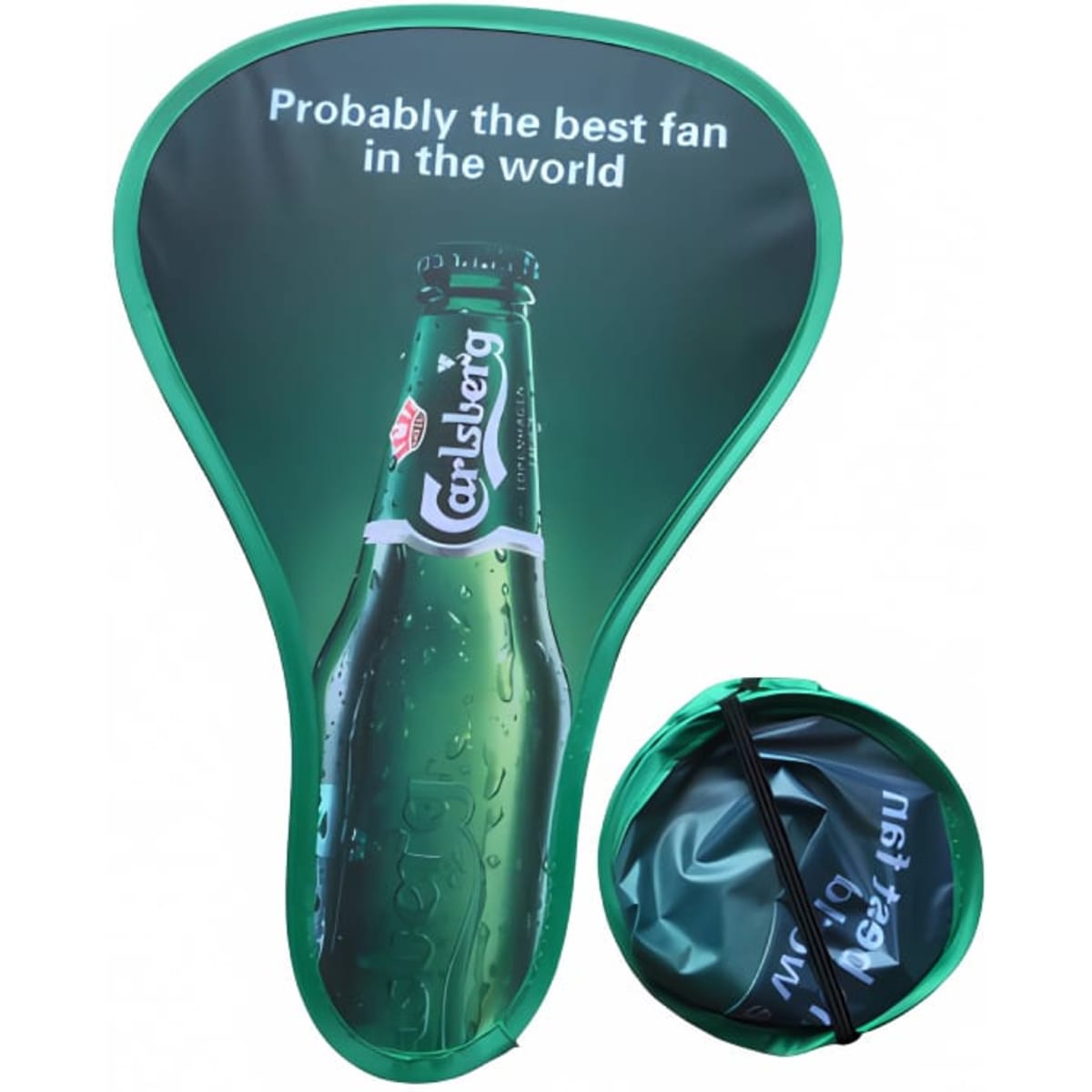 A foldable event fan in green featuring a bottle design and a compact carrying pouch.