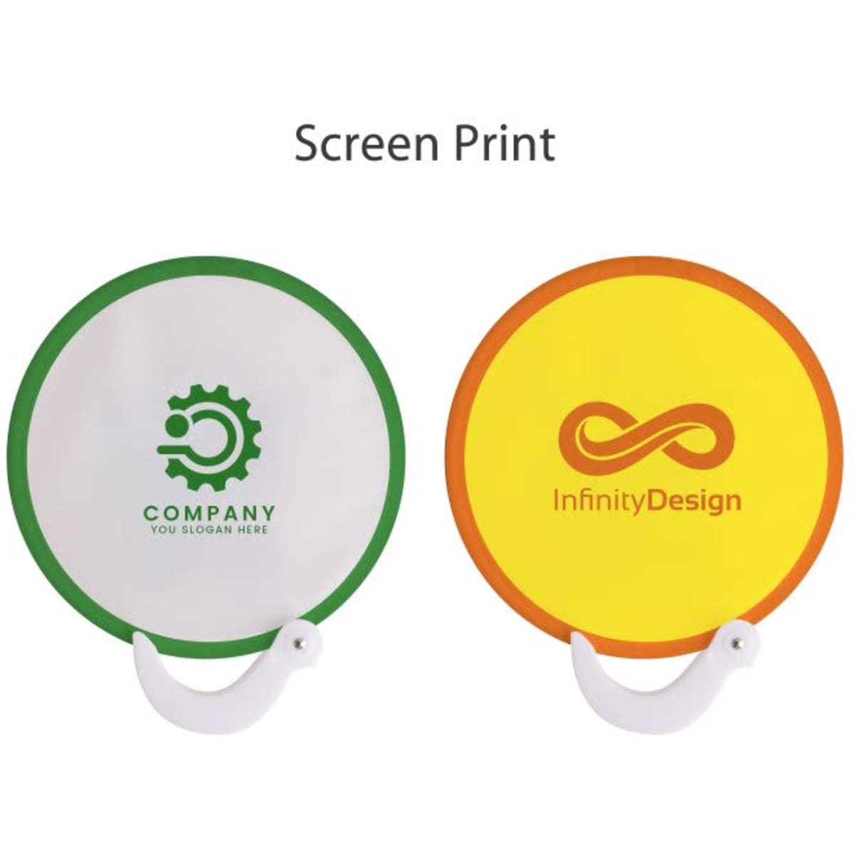 A foldable fan with a white and green design on one side and a yellow and orange design on the other. Features a handle and logo.