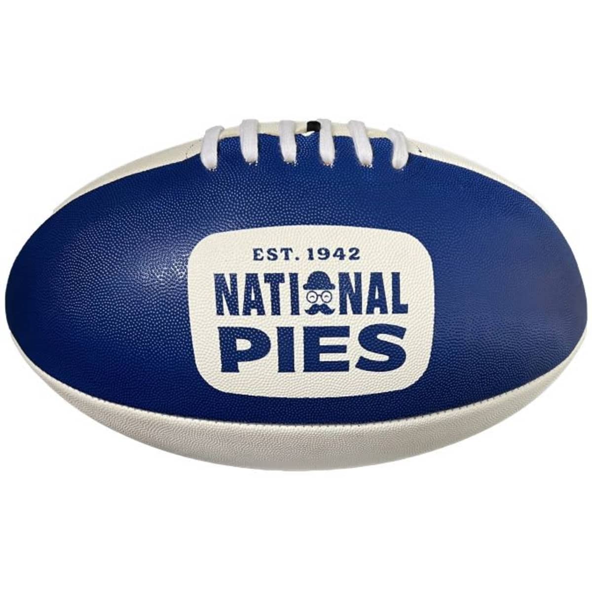 A blue and white mini footy ball featuring a logo and text. The ball has stylised white laces.