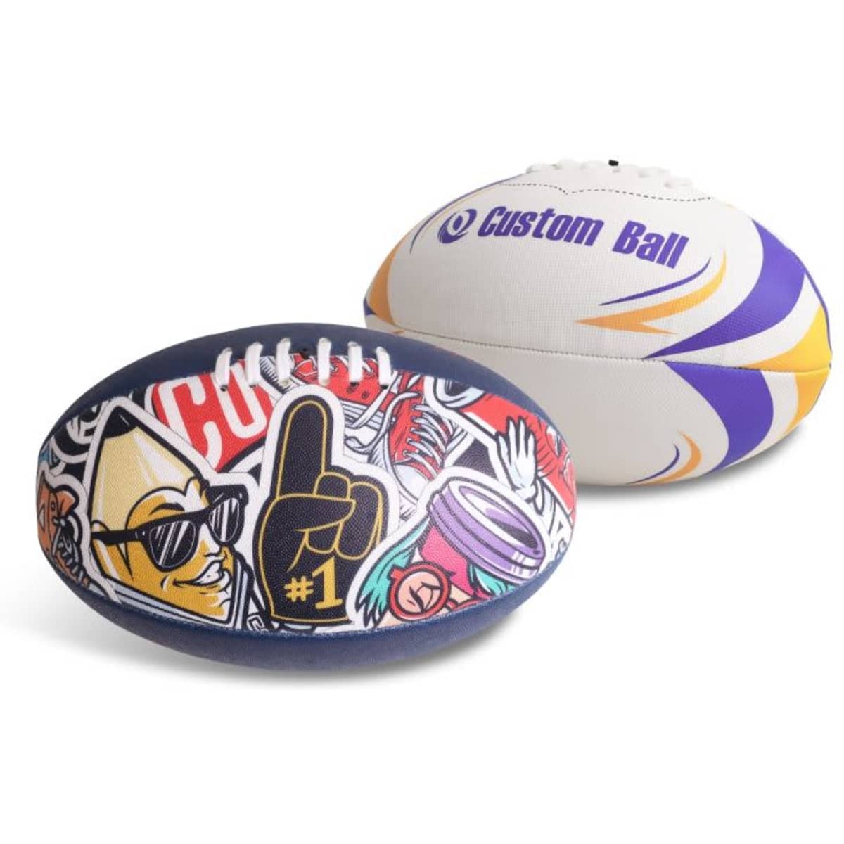 A training footy ball, size 5, featuring a colourful design with various graphics and a logo.
