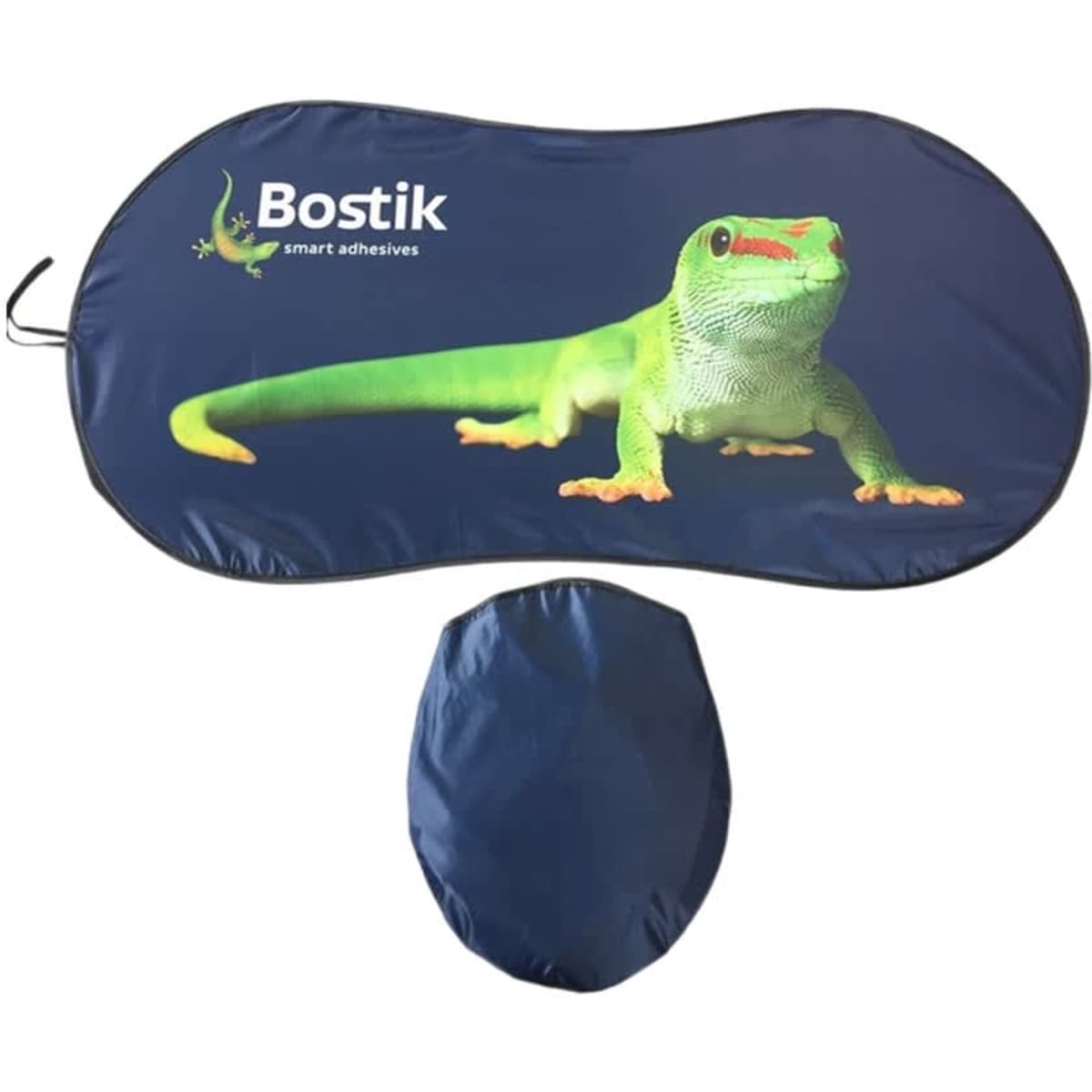 A full colour digital print sunshade featuring a green lizard on a navy background, with a logo.