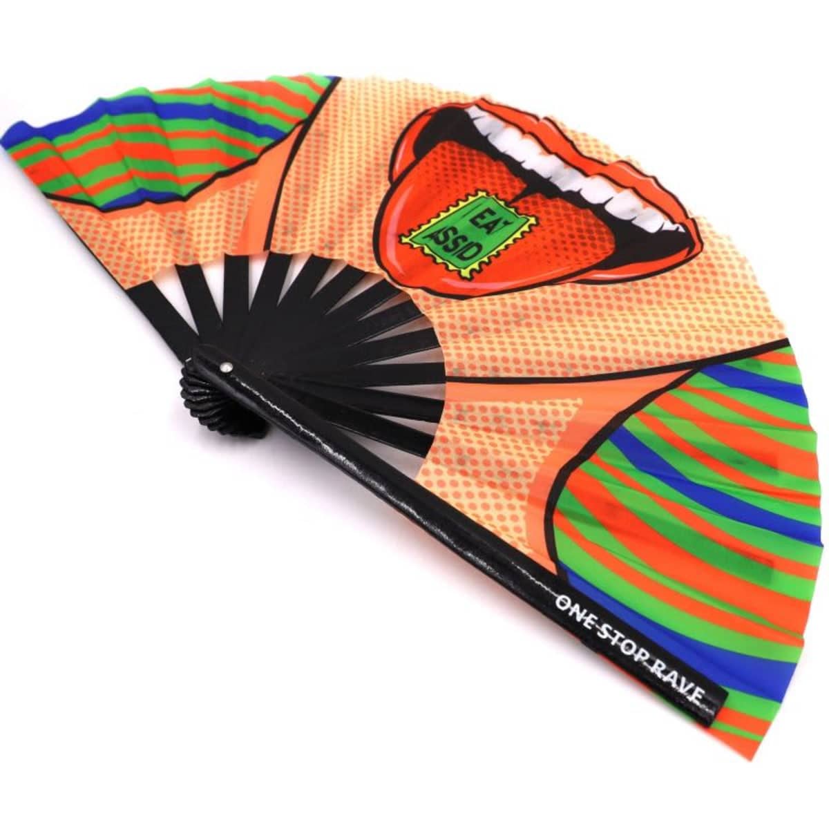 A large folding fan featuring vibrant orange, green, and blue graphics with a playful design and a black handle.