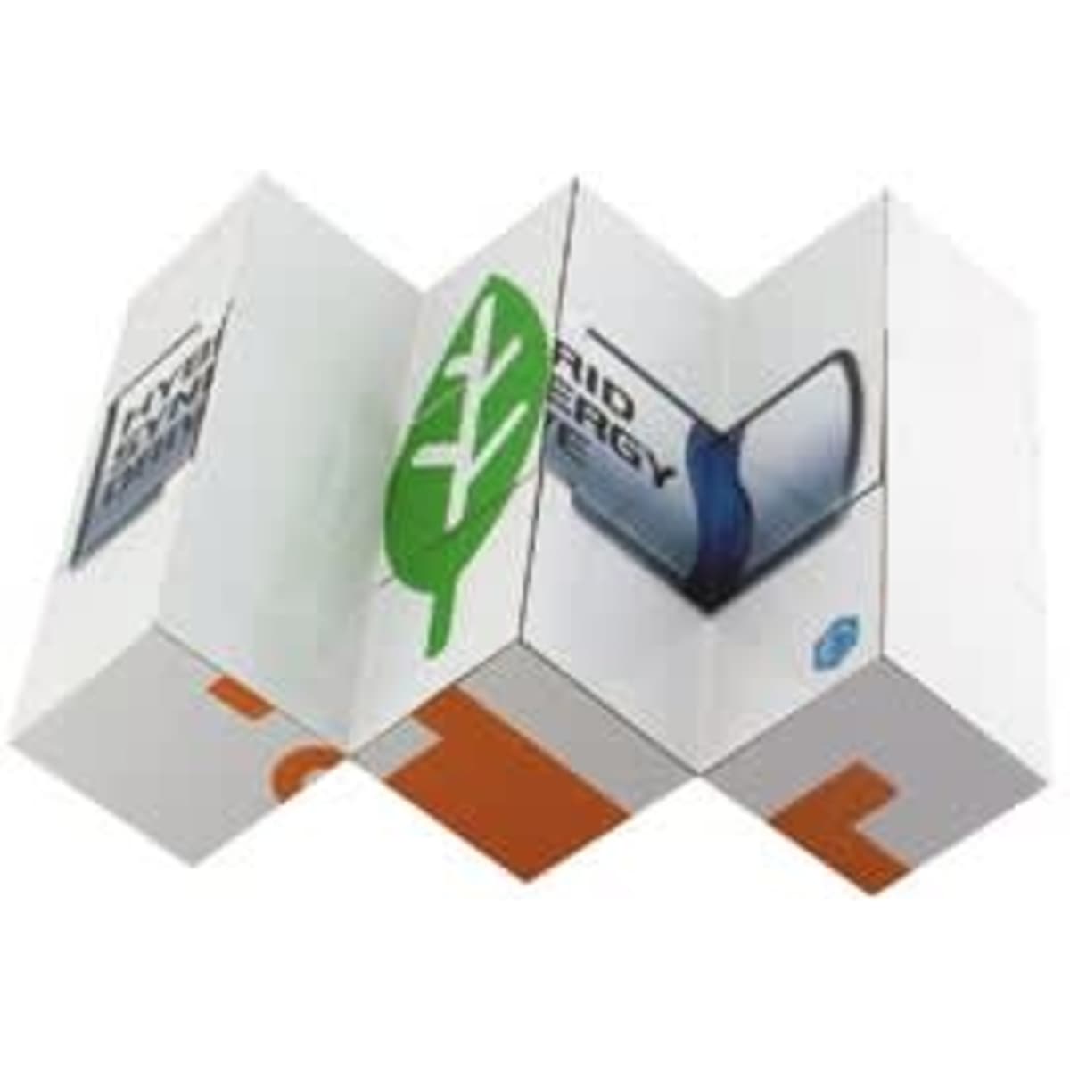 A promotional box featuring a green leaf design and a drink bottle, predominantly in white with orange accents.