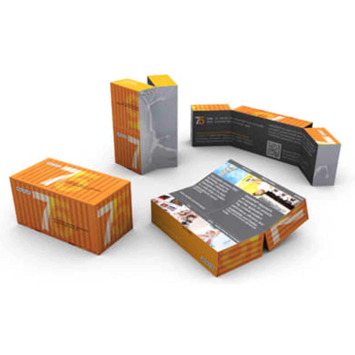 A collection of colourful packaging boxes in orange and grey, creatively arranged to showcase various designs and contents.