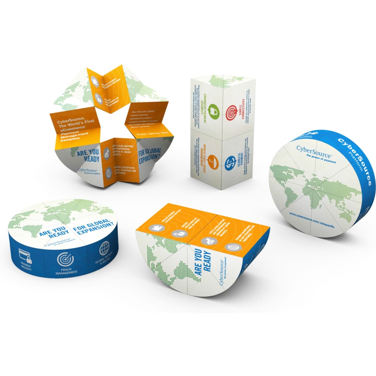 A collection of promotional paper models in various geometric shapes, featuring blue, orange, and white designs with world map graphics.
