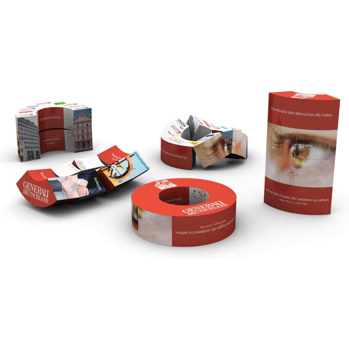 A collection of promotional paper products in red and white, featuring various images and a logo.