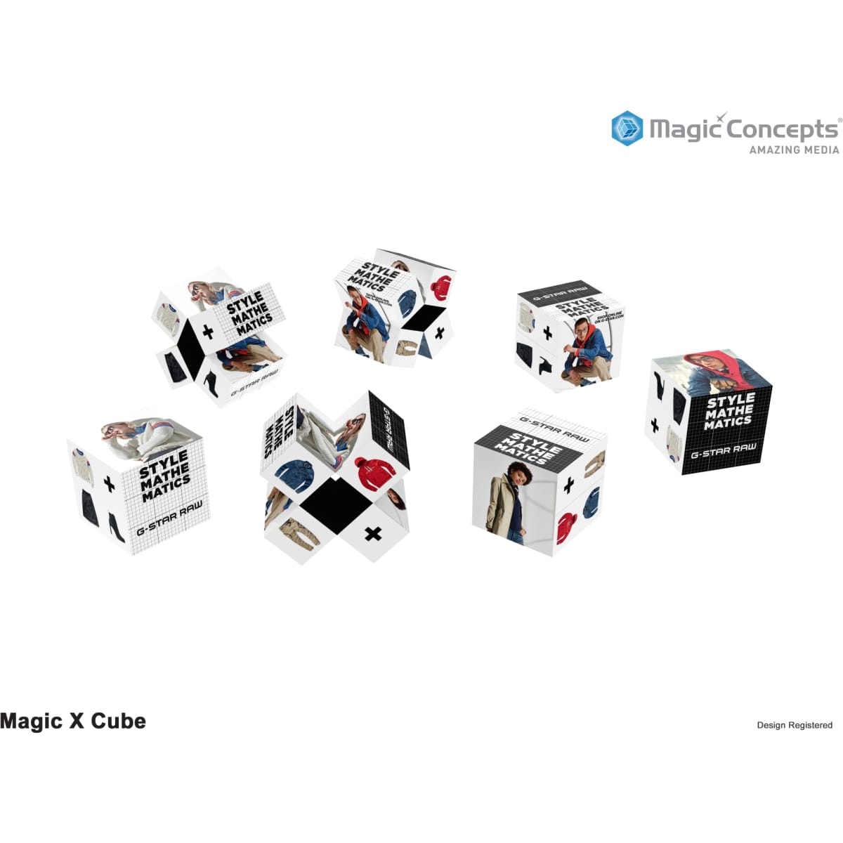 A set of colourful cubes featuring various designs and images, along with a logo, displayed in an assortment.