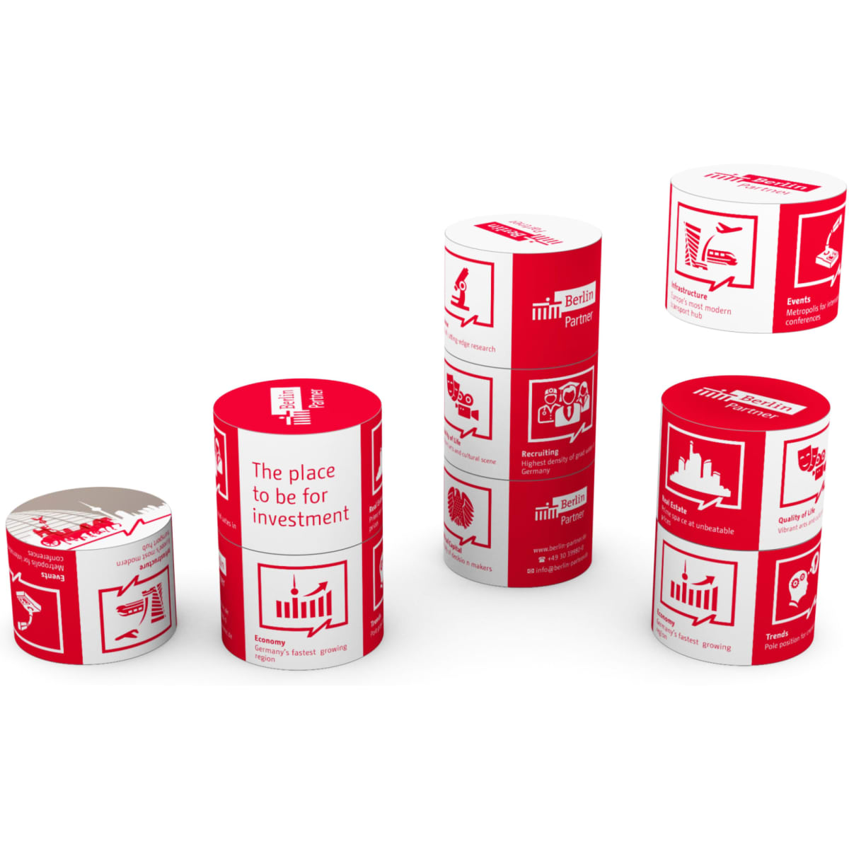 Five cylindrical promotional items in red and white, featuring various icons and a logo.