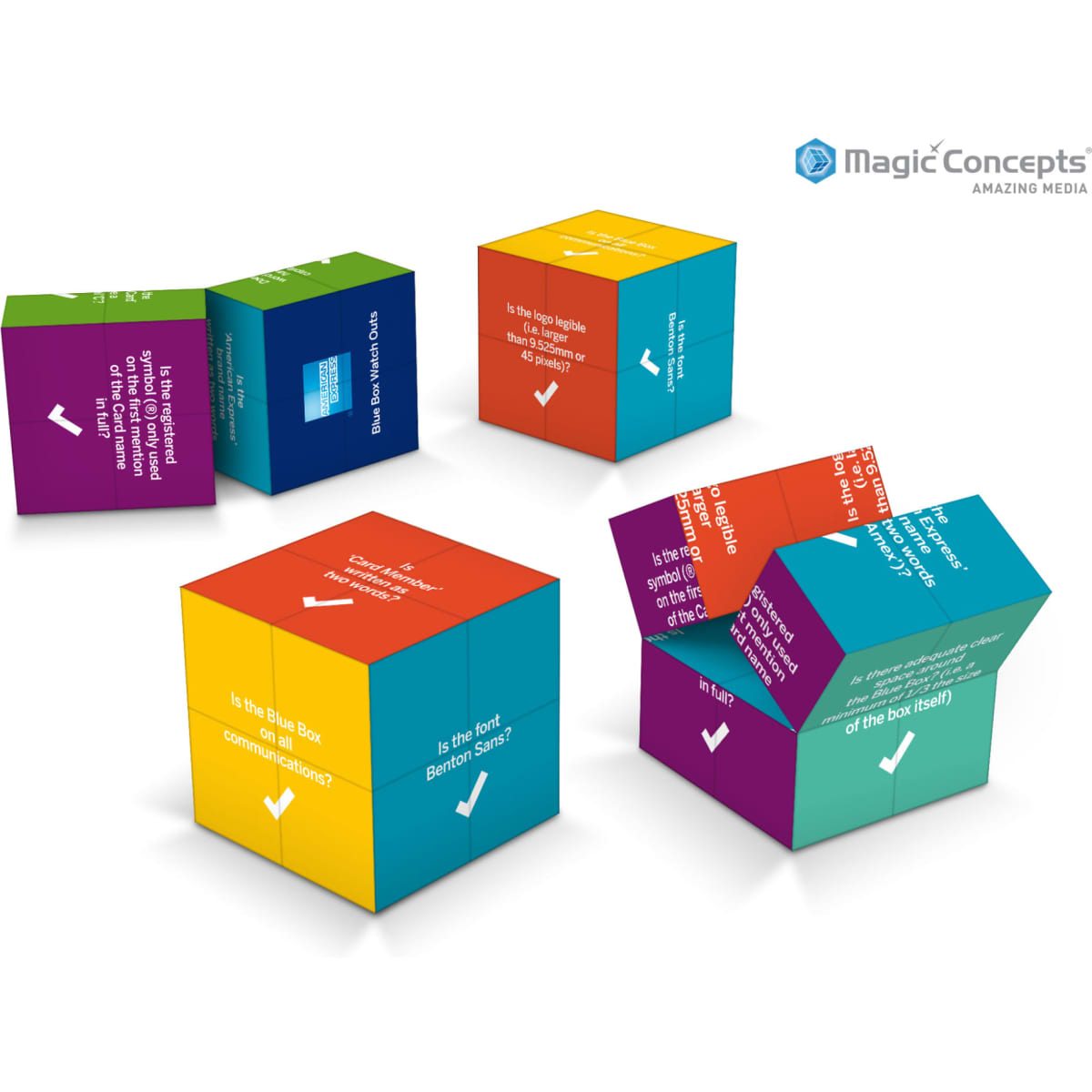 A set of brightly coloured 7cm magic cubes in shades of purple, blue, green, and orange, featuring a logo.