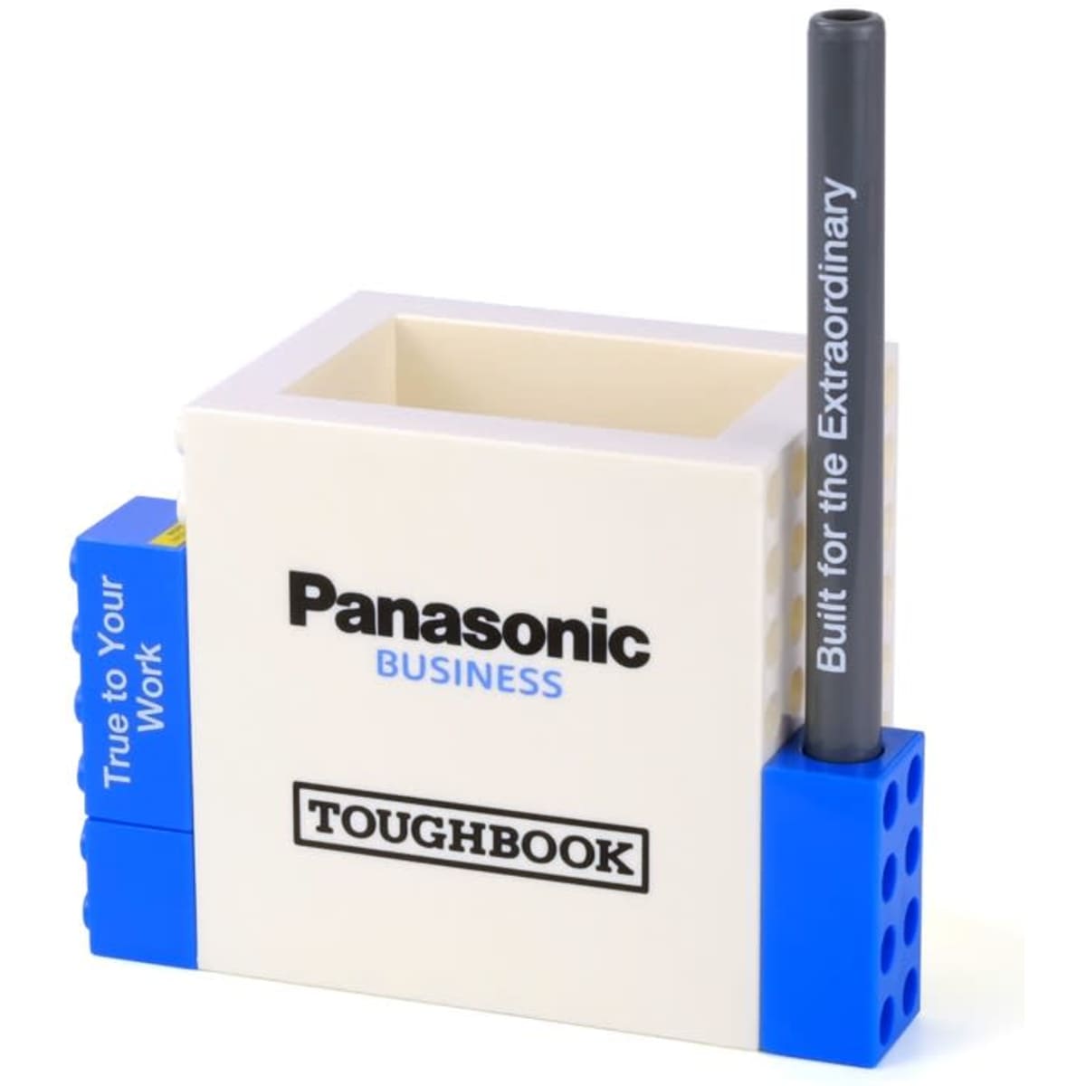 A pen pot set in white and blue featuring a logo, with a single grey pen inserted.