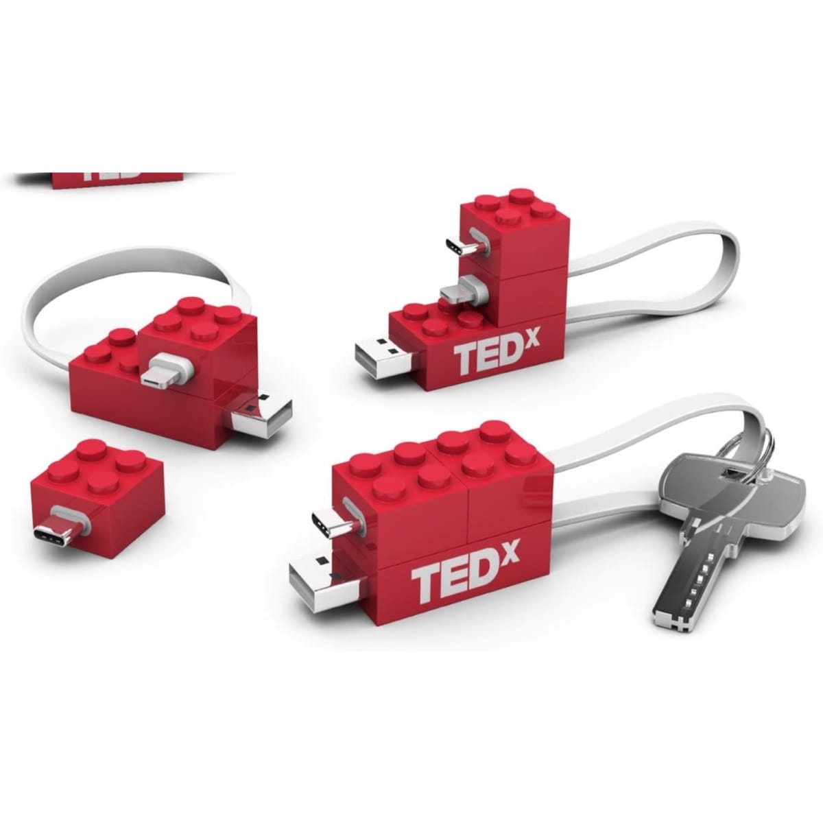 A 3-in-1 mobile charging cable set in red, featuring modular blocks with USB and micro-USB connectors.