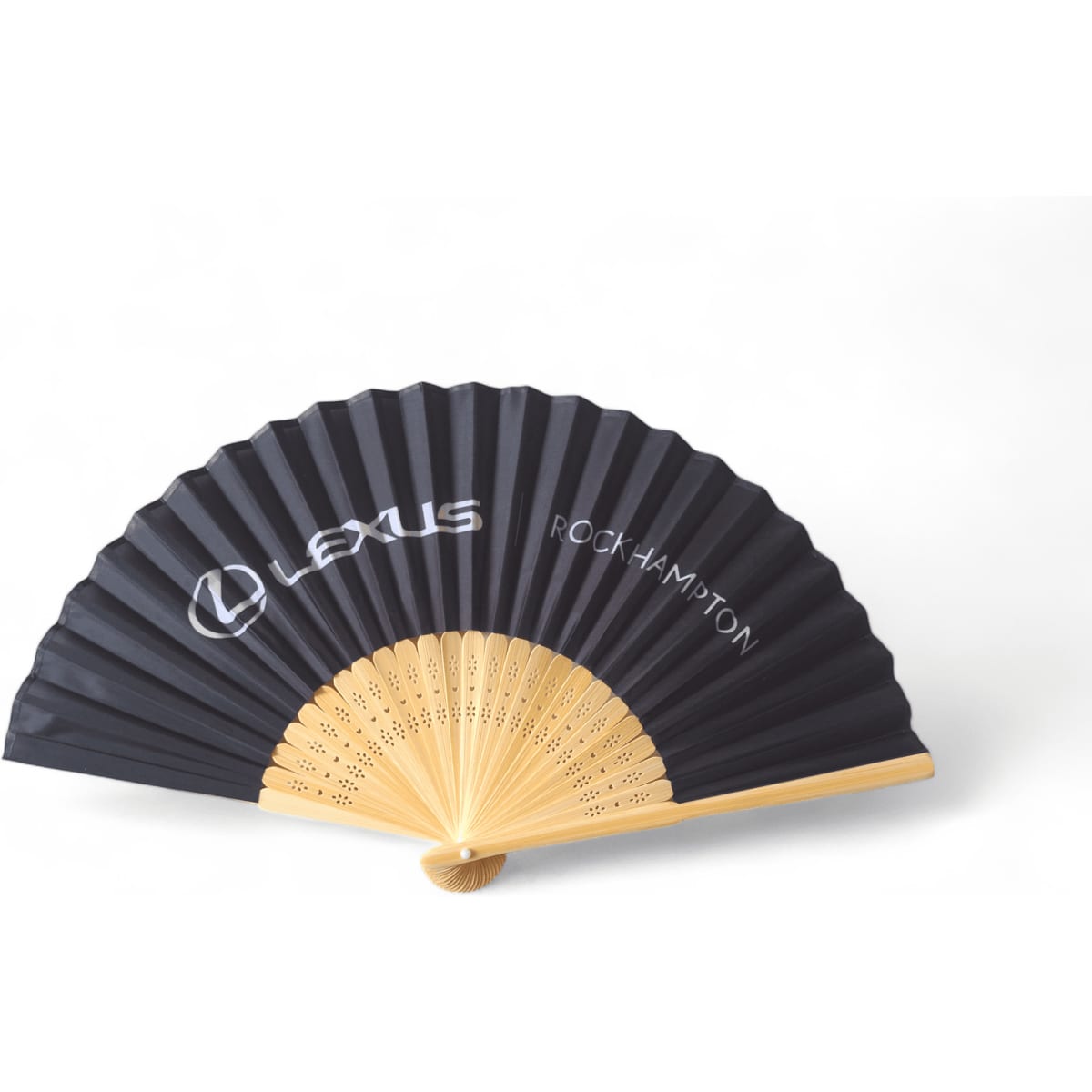 A black folding fan with a bamboo handle, featuring a logo and text on the fabric.