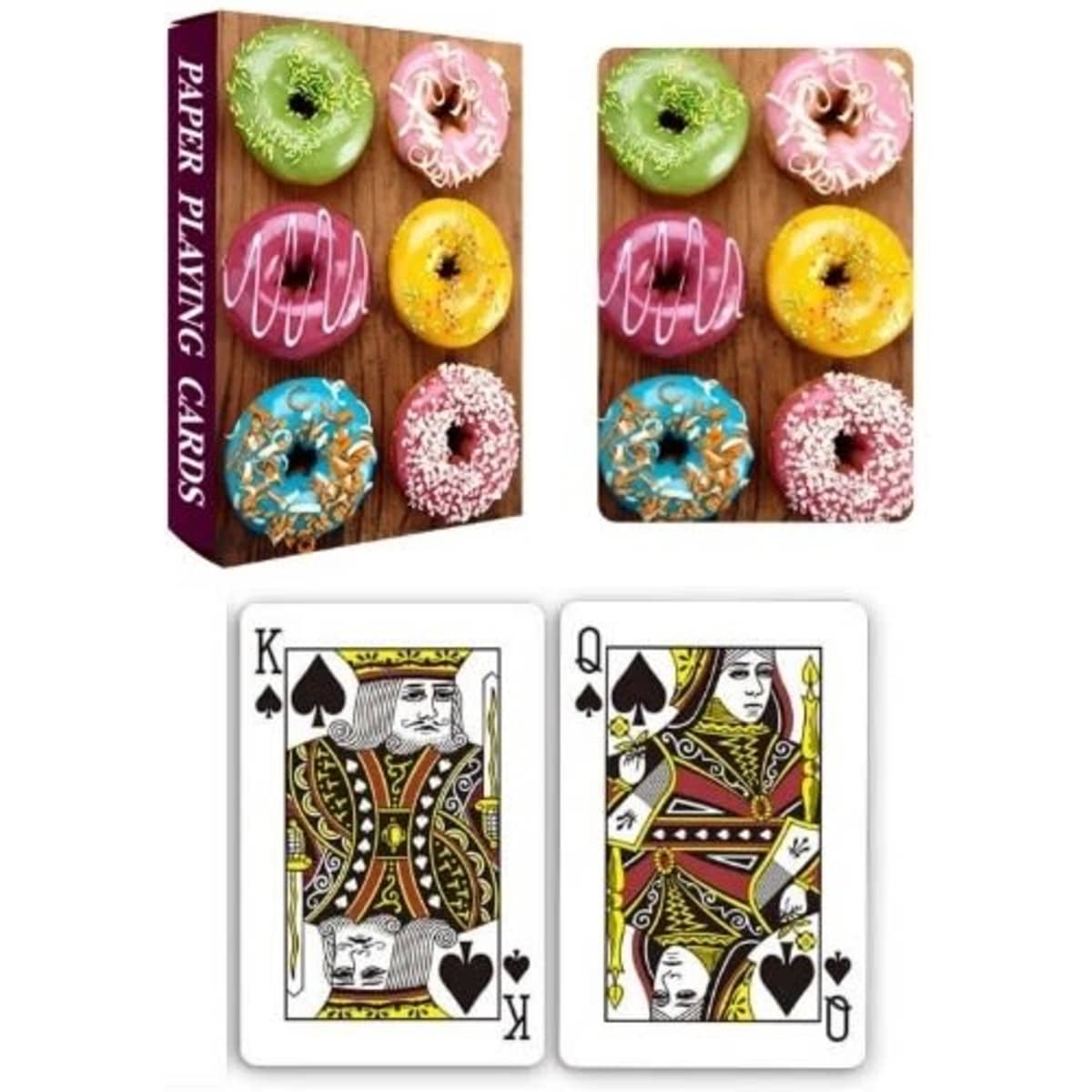 A set of paper playing cards in a box featuring colourful donuts, with Kings and Queens displayed on the cards.