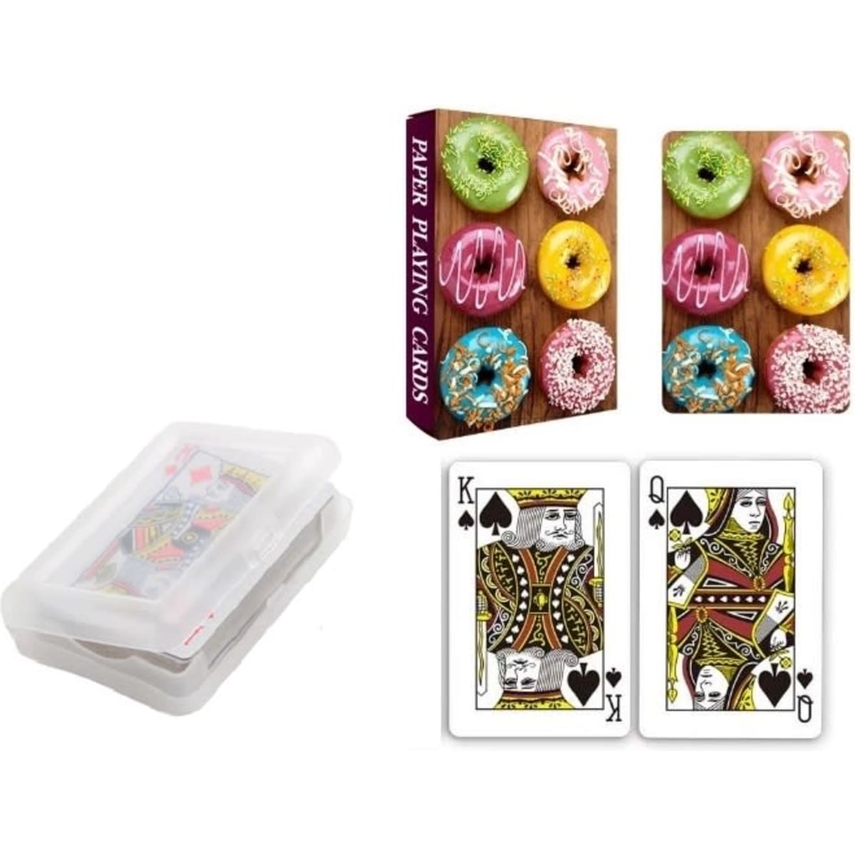 A set of paper playing cards in a clear plastic case, featuring colourful designs and standard face cards.