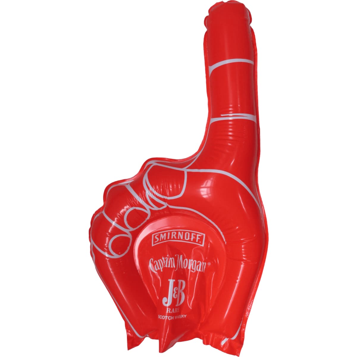 A red inflatable hand with white detailing and branding, resembling a cheering foam finger.
